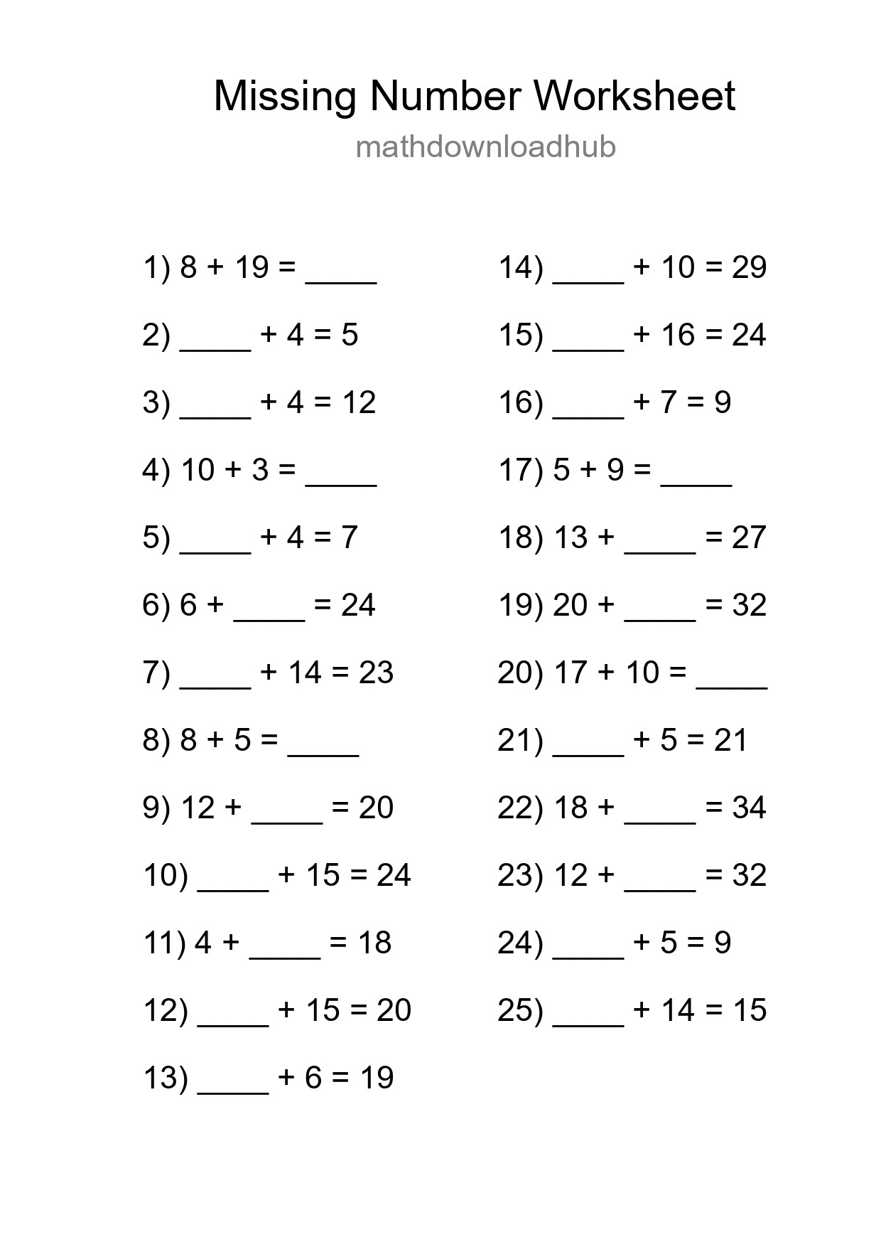 Missing Number Math Worksheet