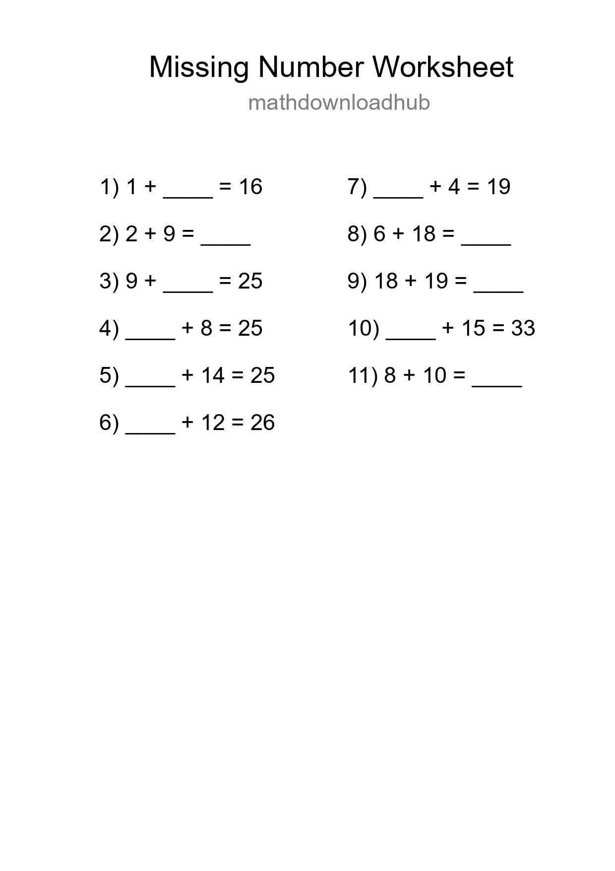 Missing Number Math Worksheet