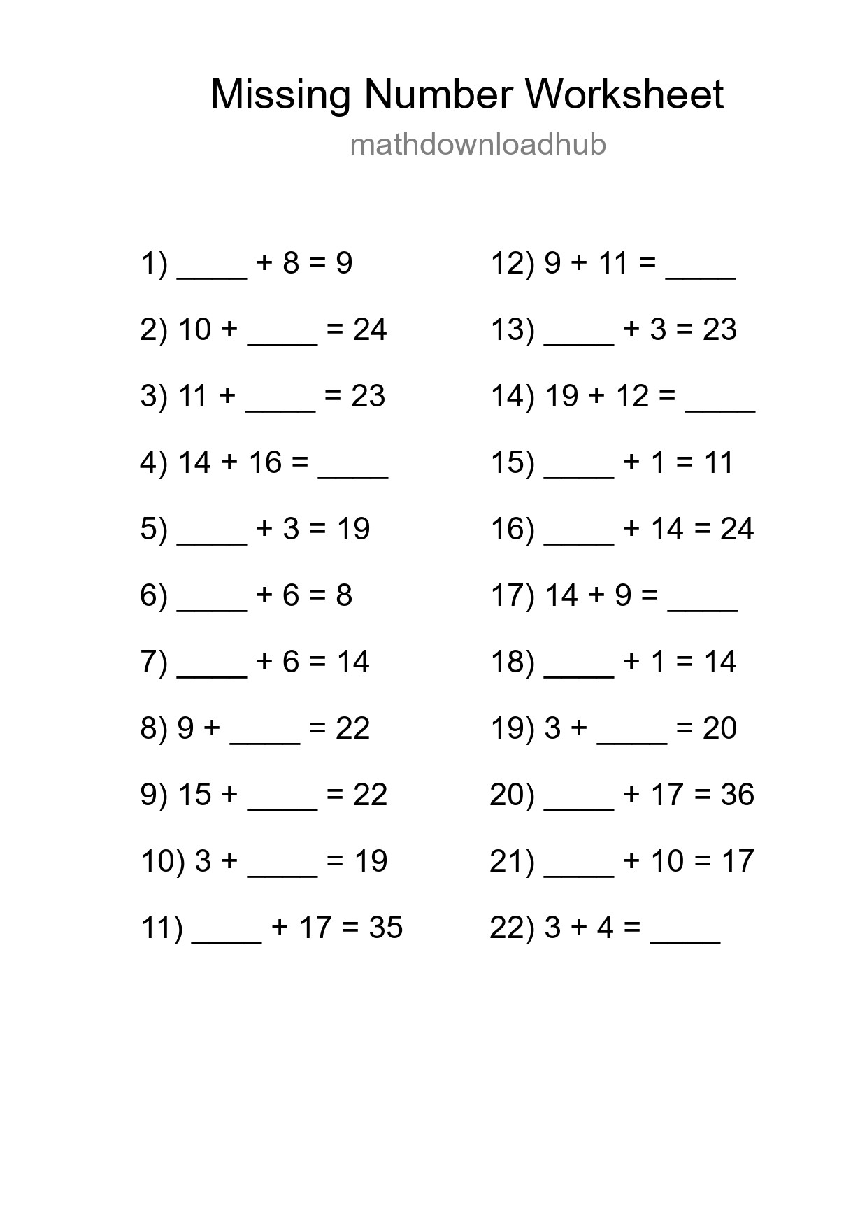 Missing Number Math Worksheet