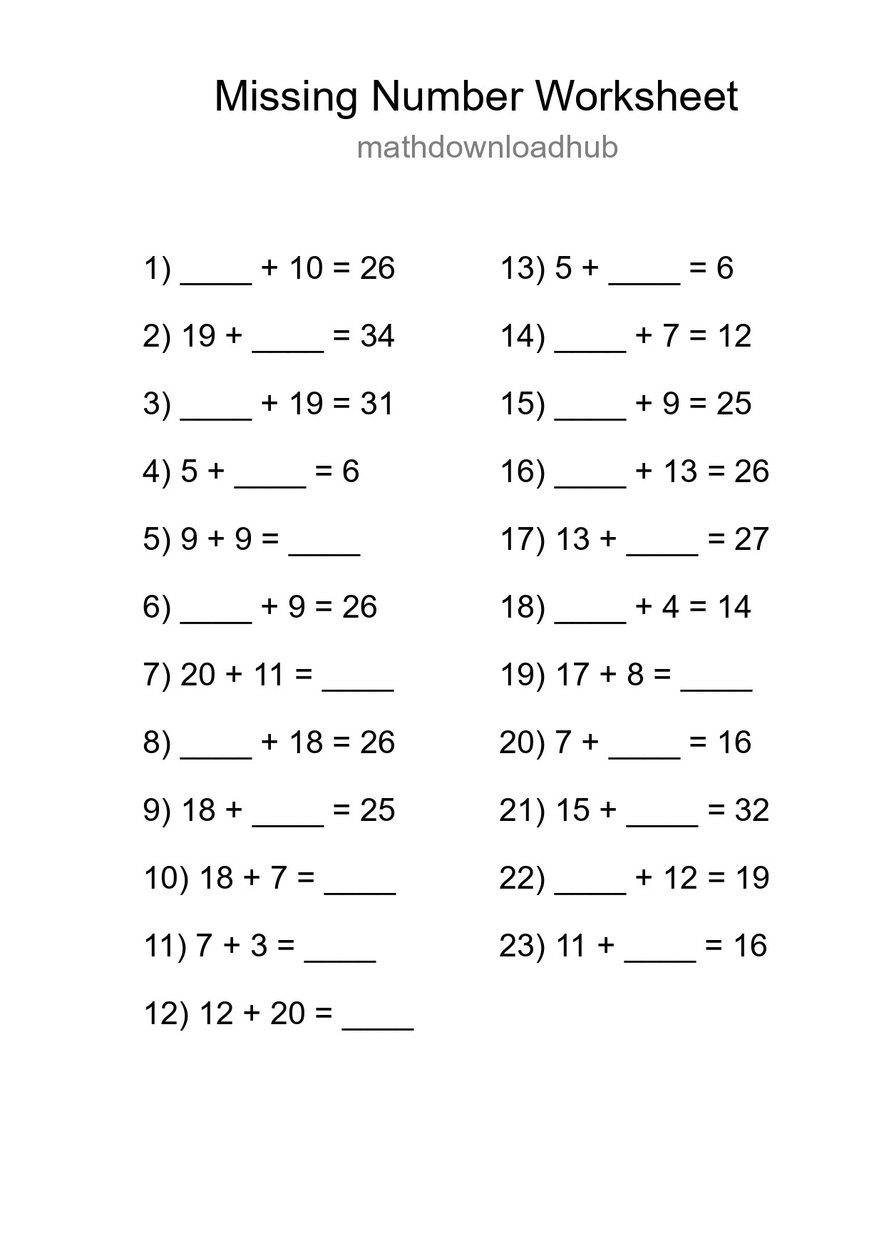 Missing Number Math Worksheet