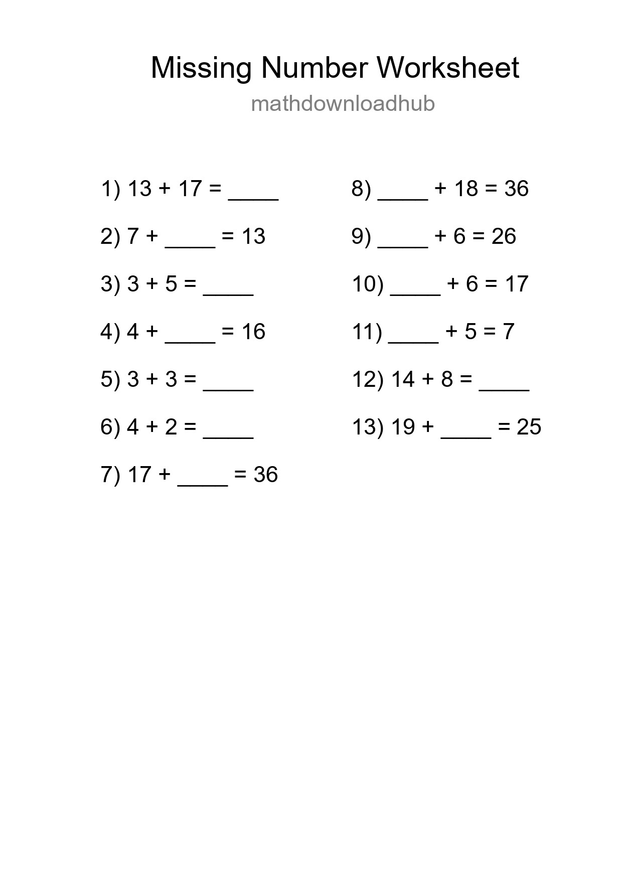 Missing Number Math Worksheet
