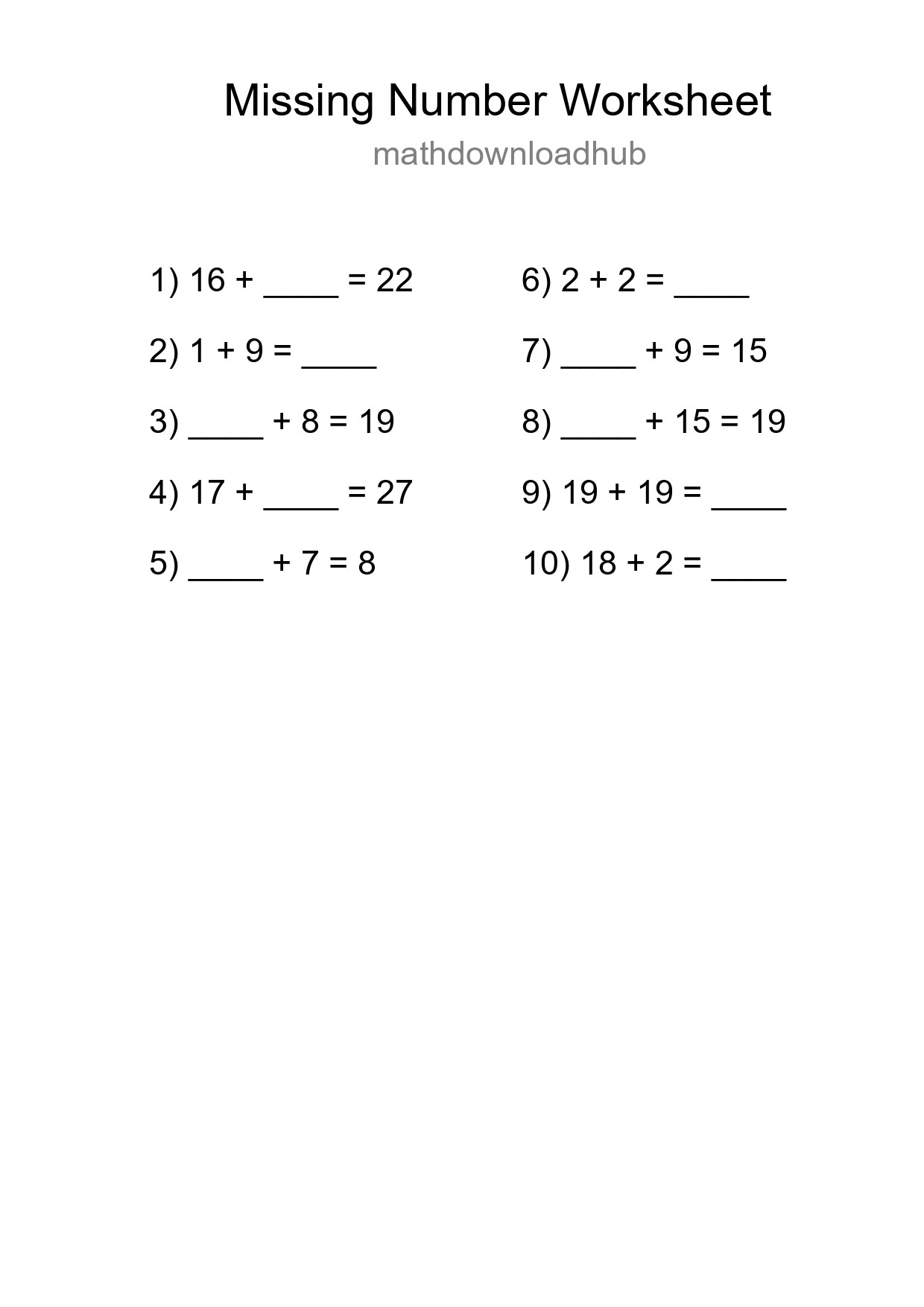 Missing Number Math Worksheet