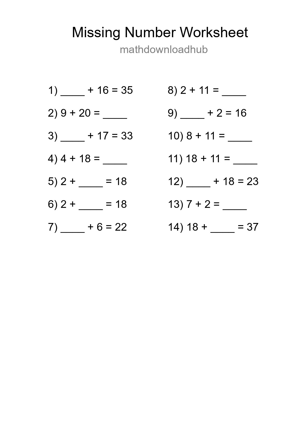Missing Number Math Worksheet