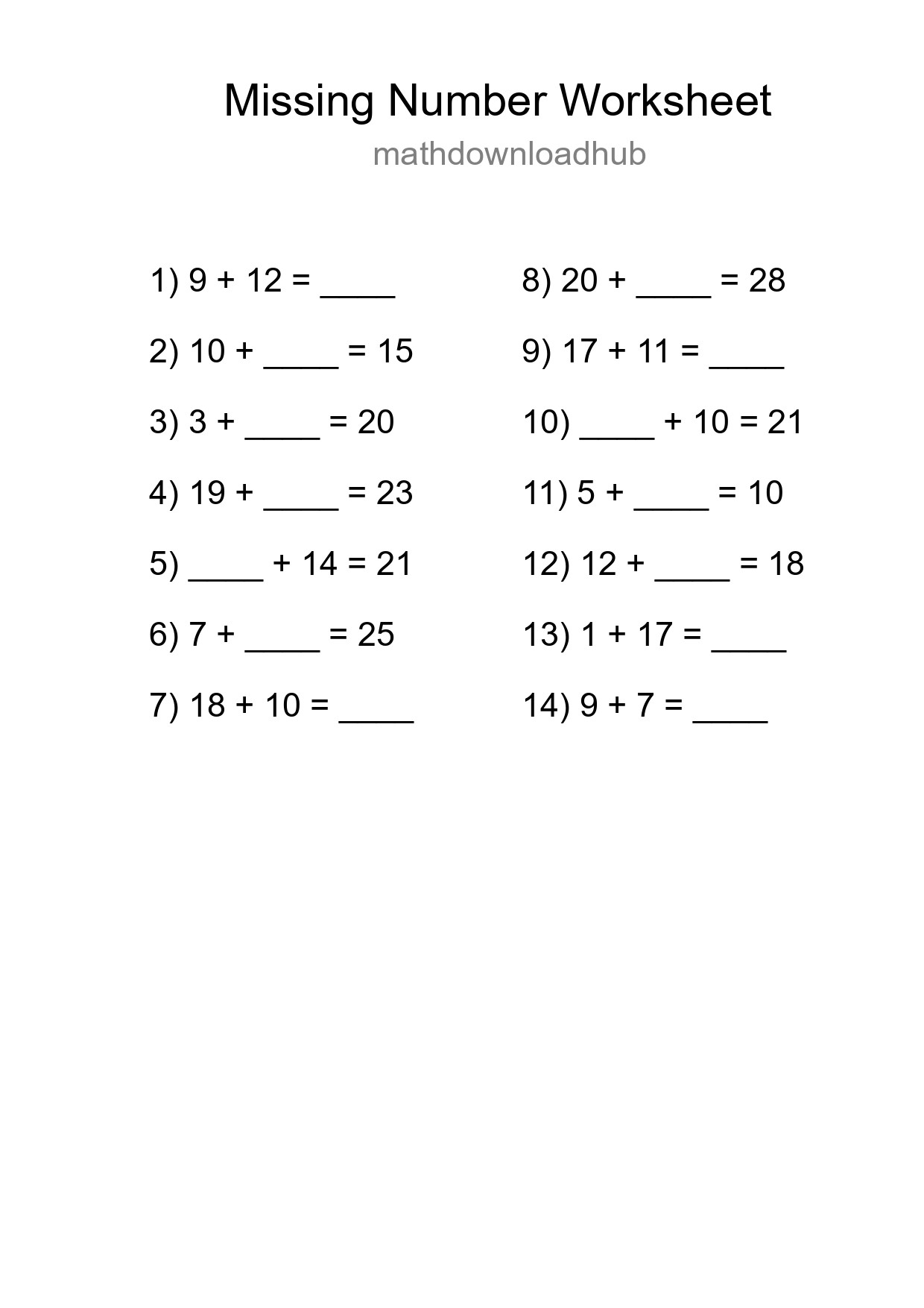 Missing Number Math Worksheet
