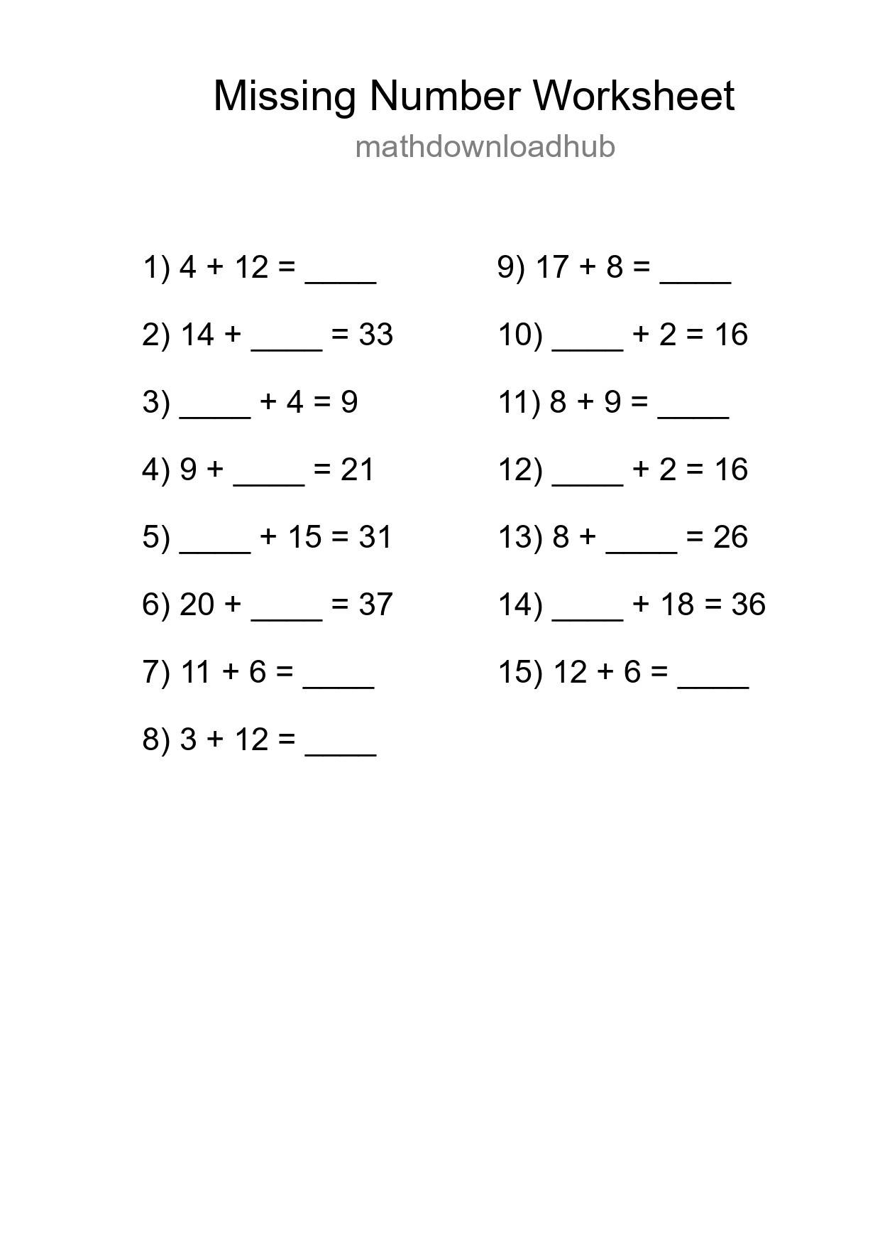 Missing Number Math Worksheet