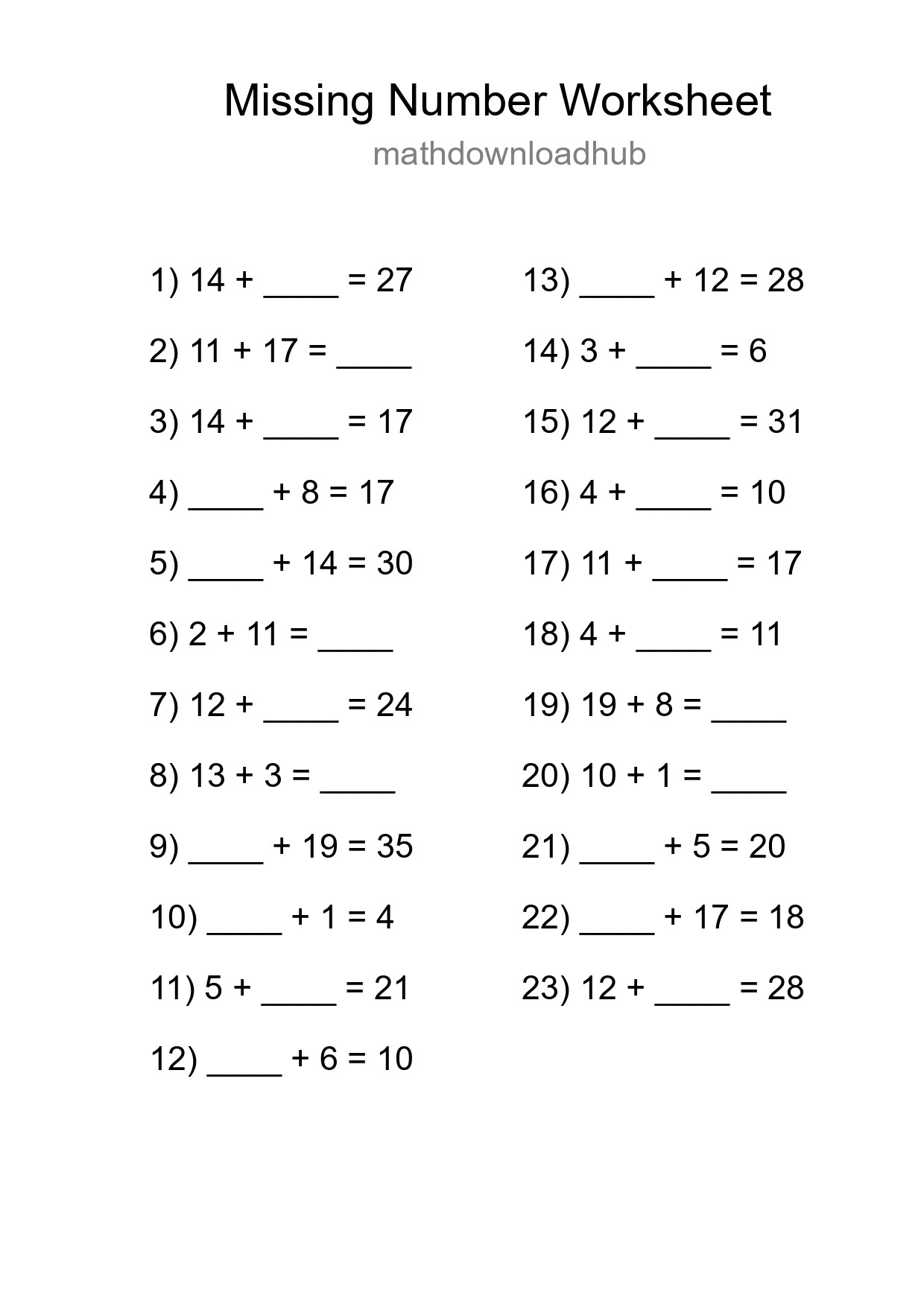 Missing Number Math Worksheet