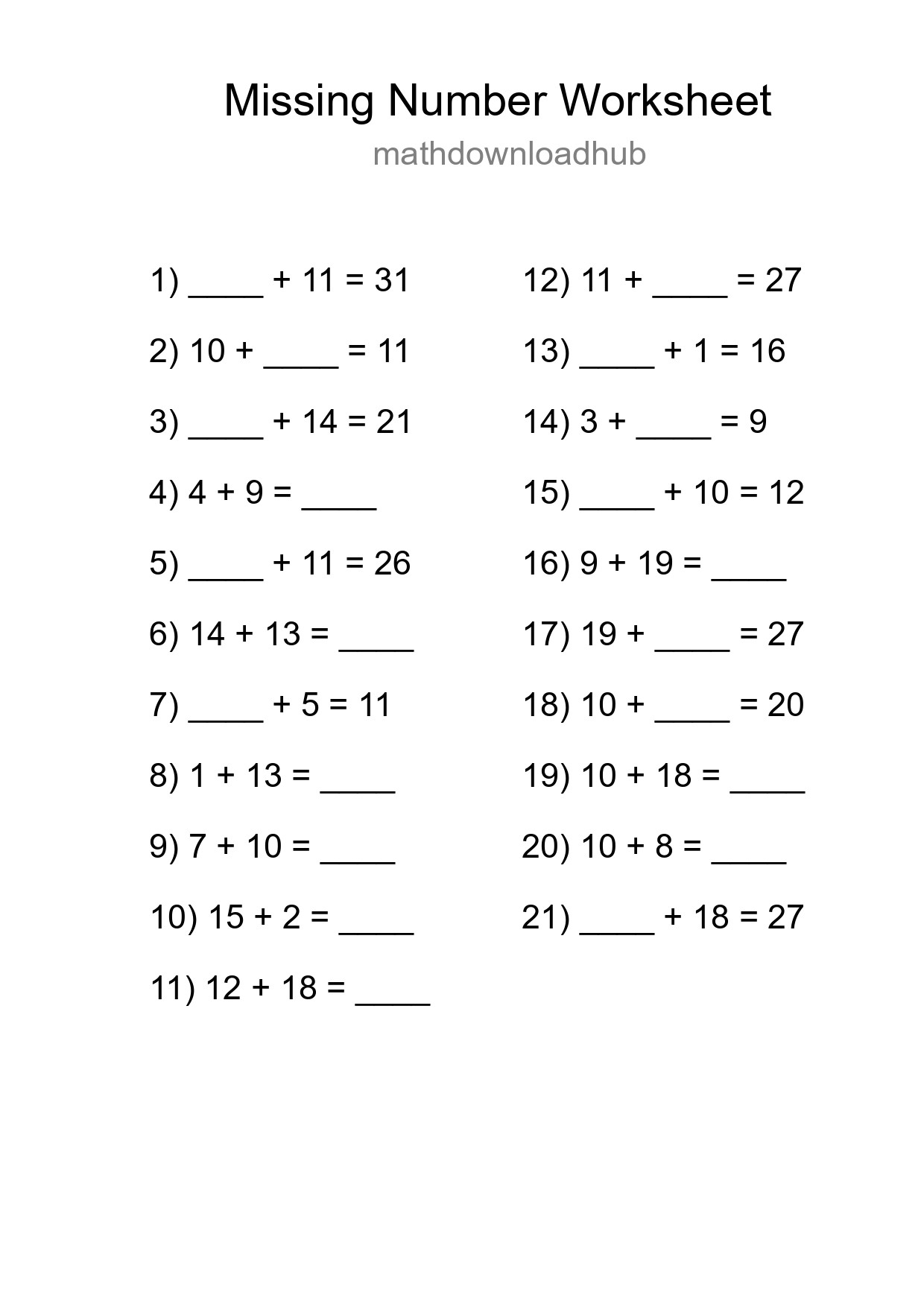 Missing Number Math Worksheet
