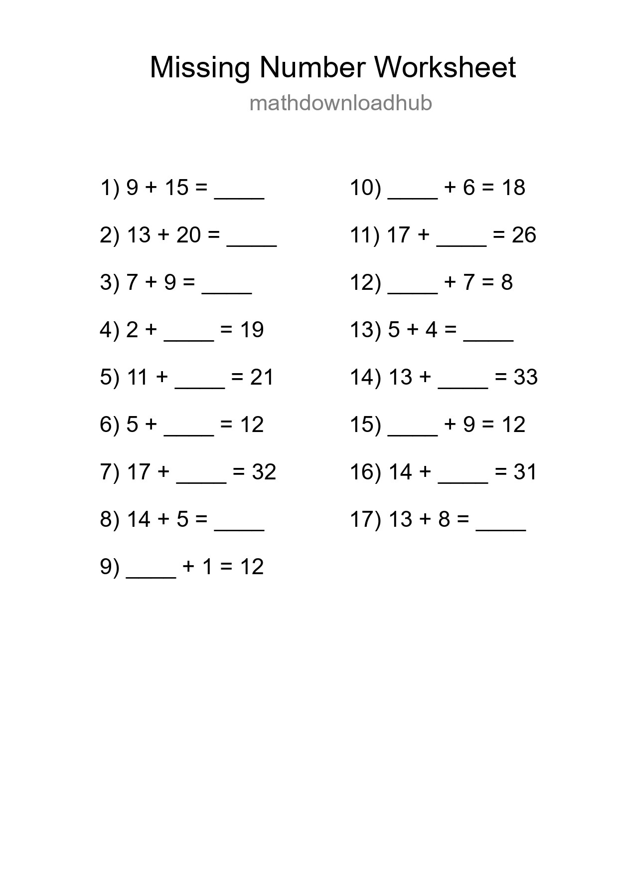 Missing Number Math Worksheet