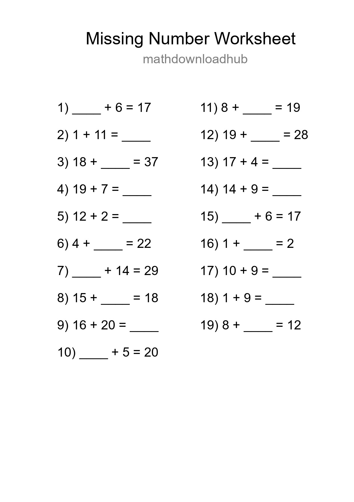 Missing Number Math Worksheet