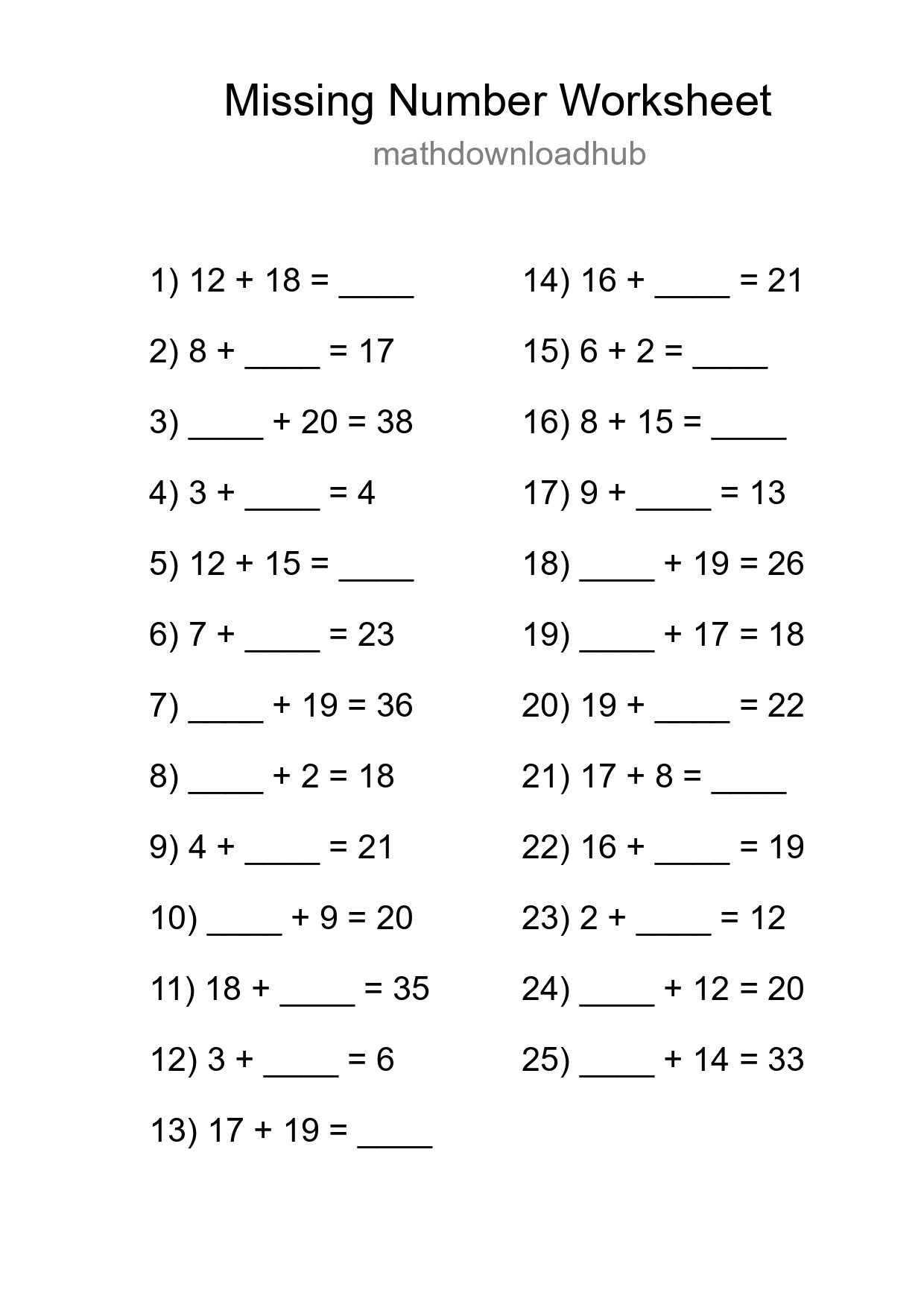 Missing Number Math Worksheet