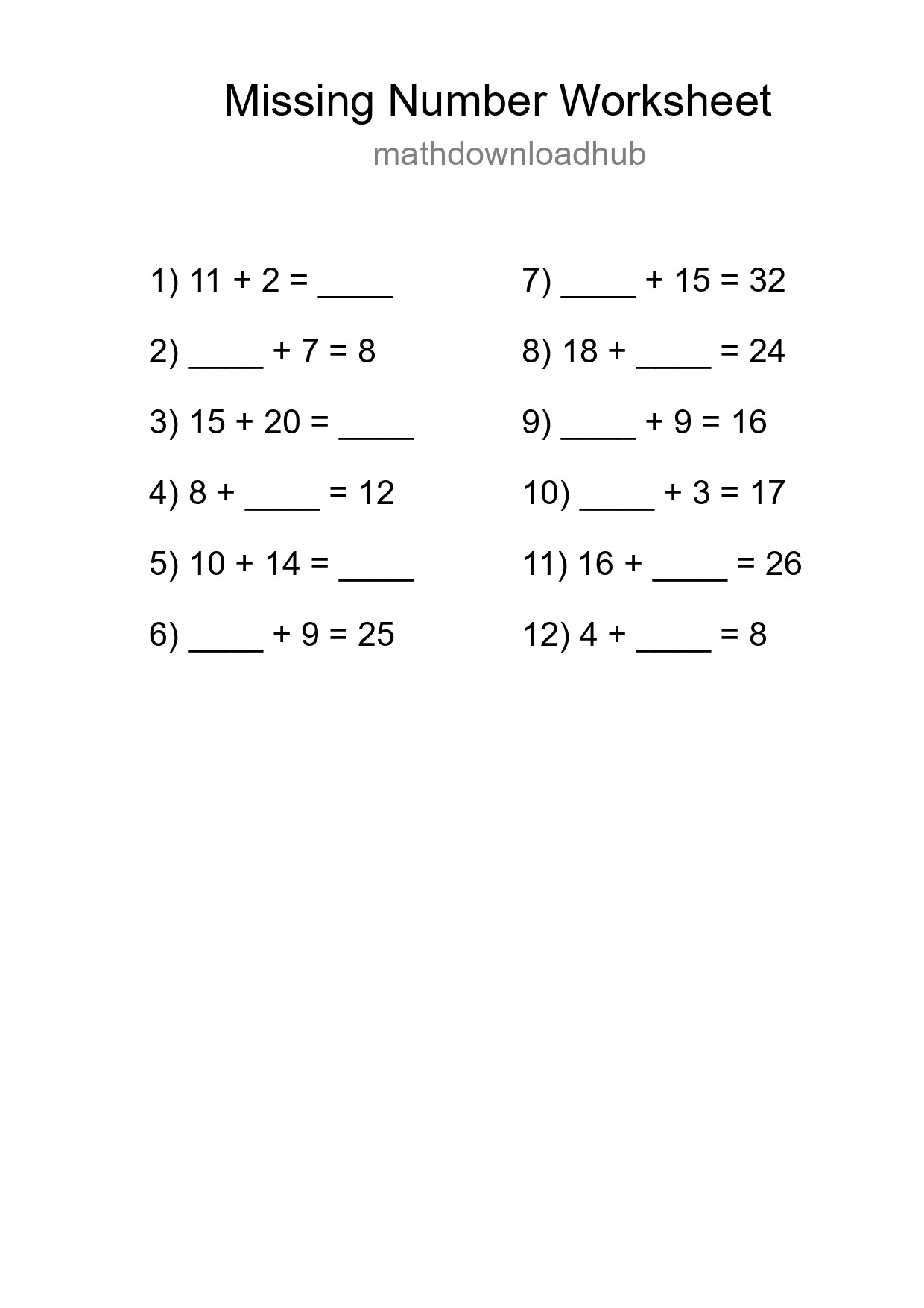 Missing Number Math Worksheet