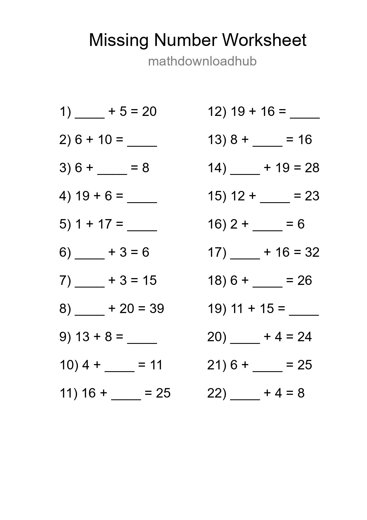 Missing Number Math Worksheet