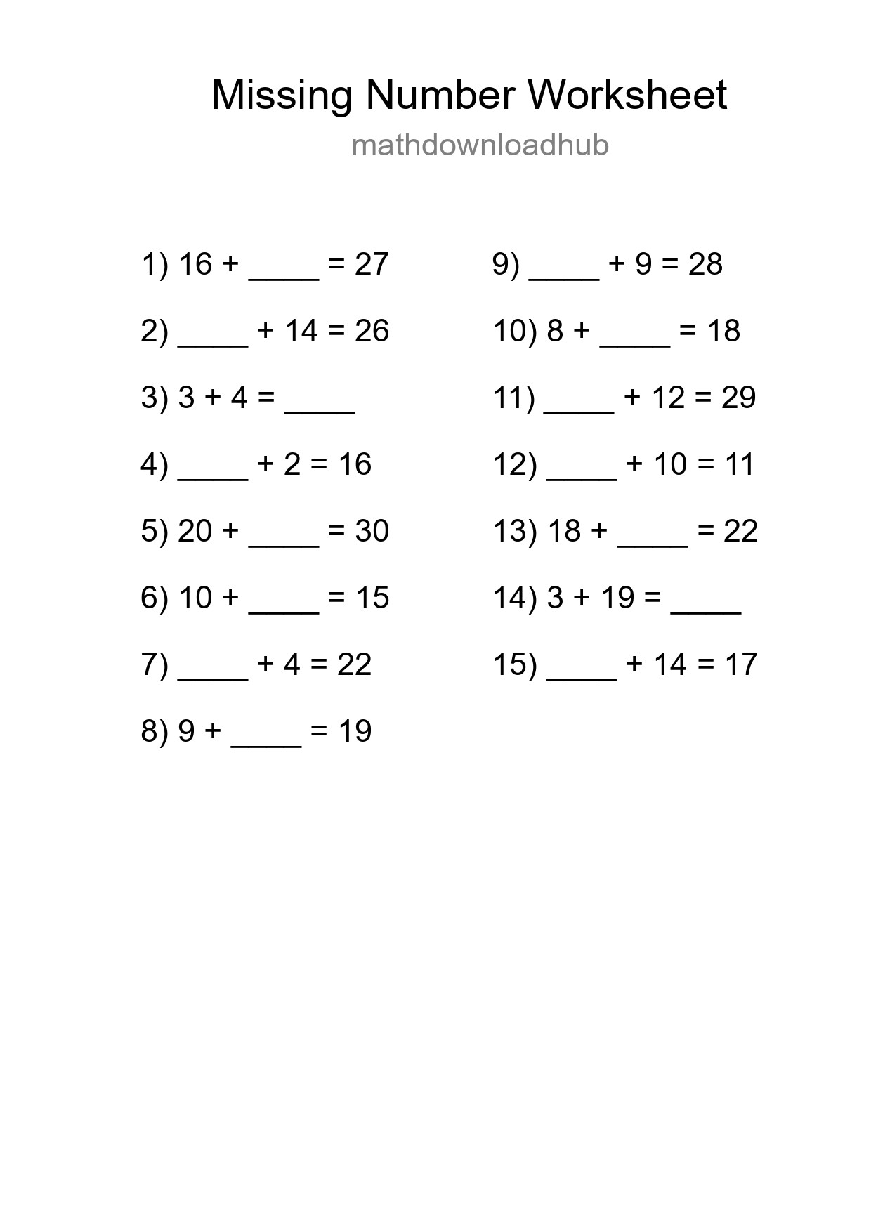Missing Number Math Worksheet