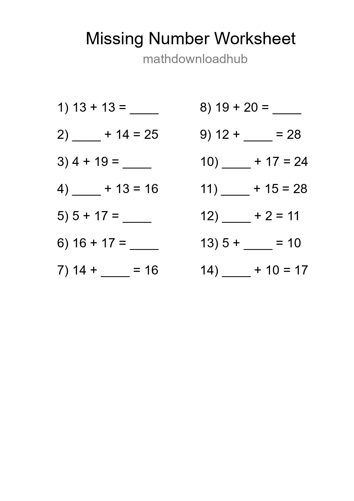Missing Number Math Worksheet