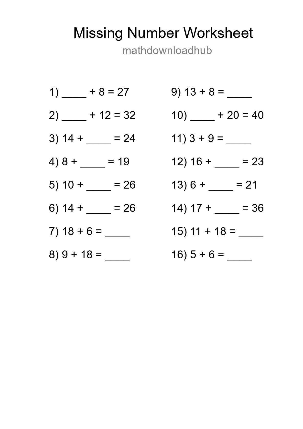 Missing Number Math Worksheet