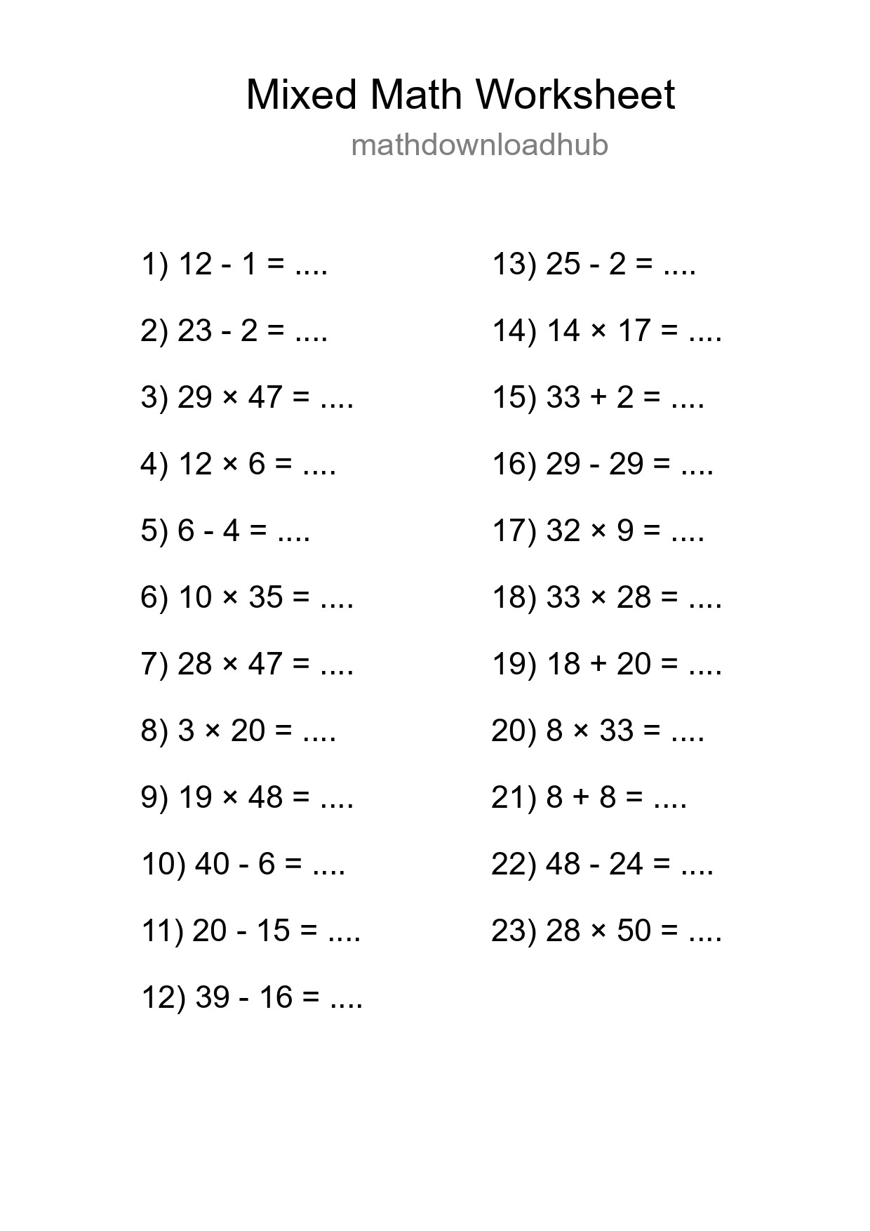 Mixed Operations Math Worksheet
