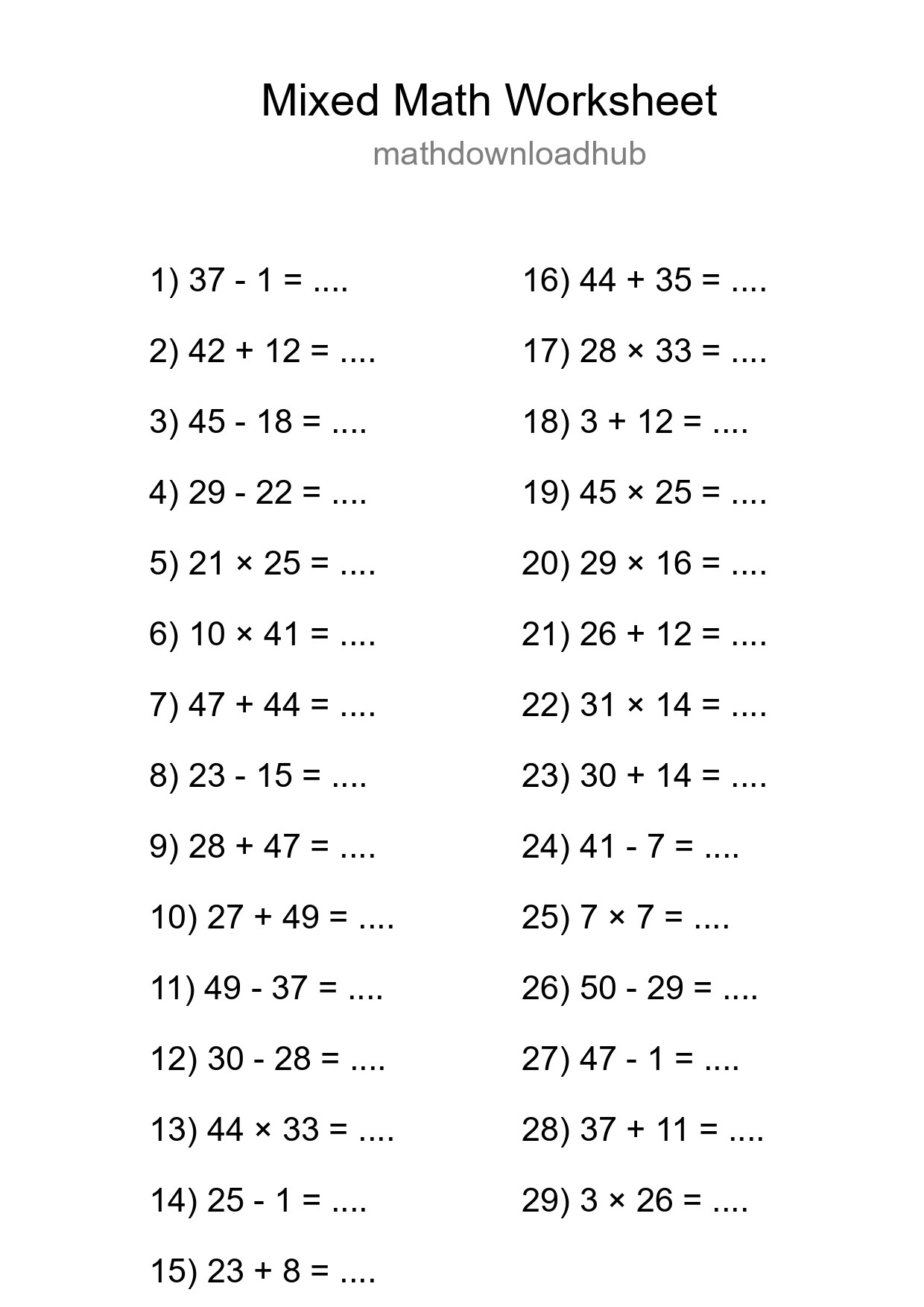 Mixed Operations Math Worksheet