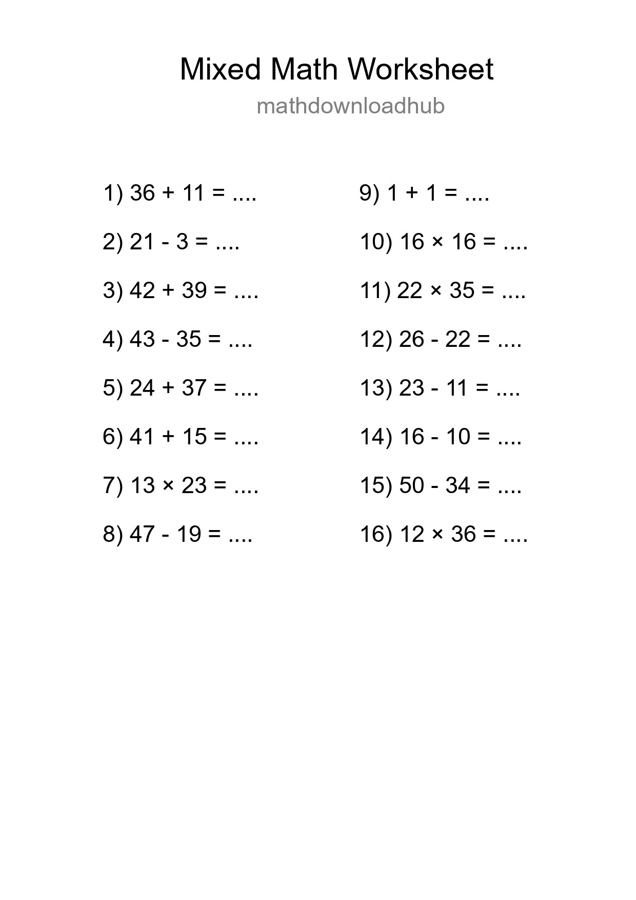 Mixed Operations Math Worksheet