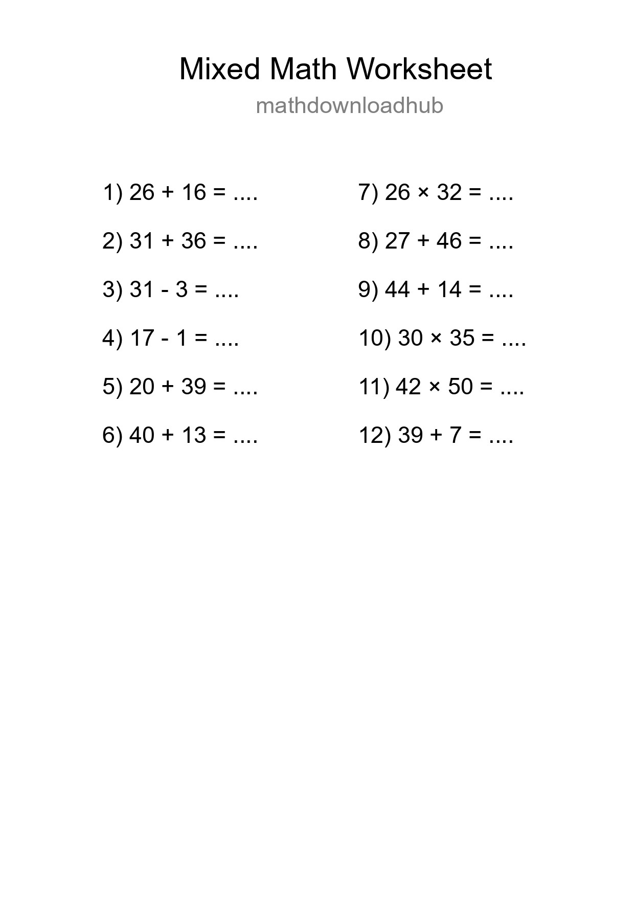 Mixed Operations Math Worksheet