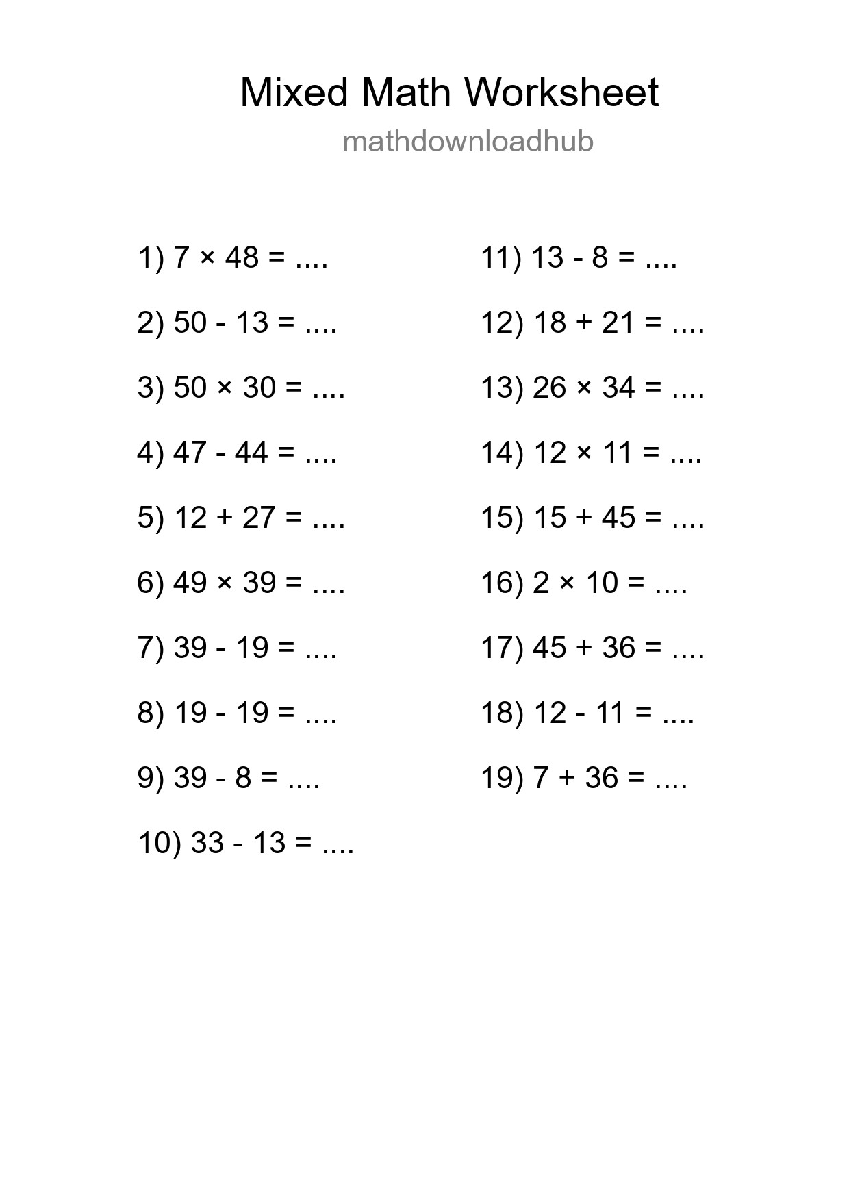 Mixed Operations Math Worksheet