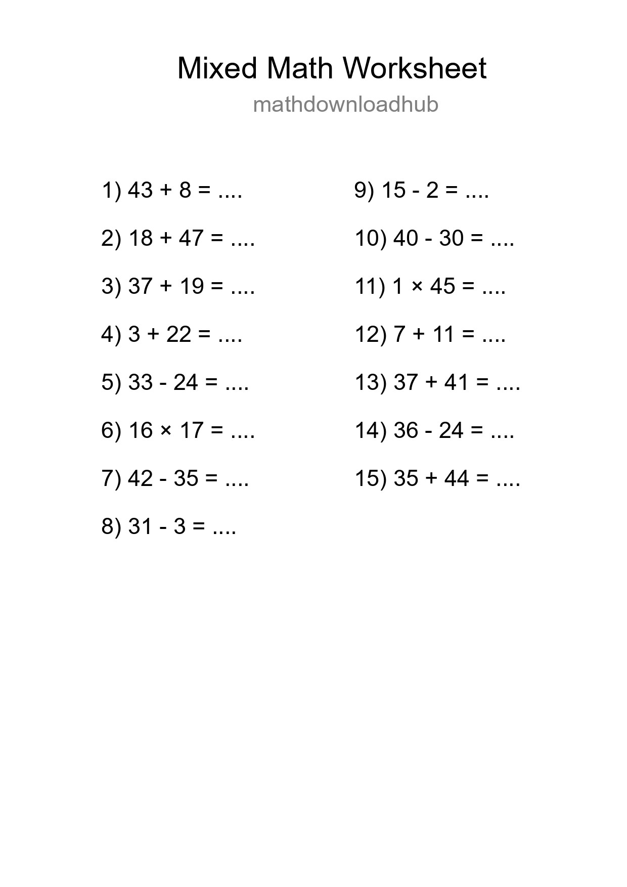 Mixed Operations Math Worksheet