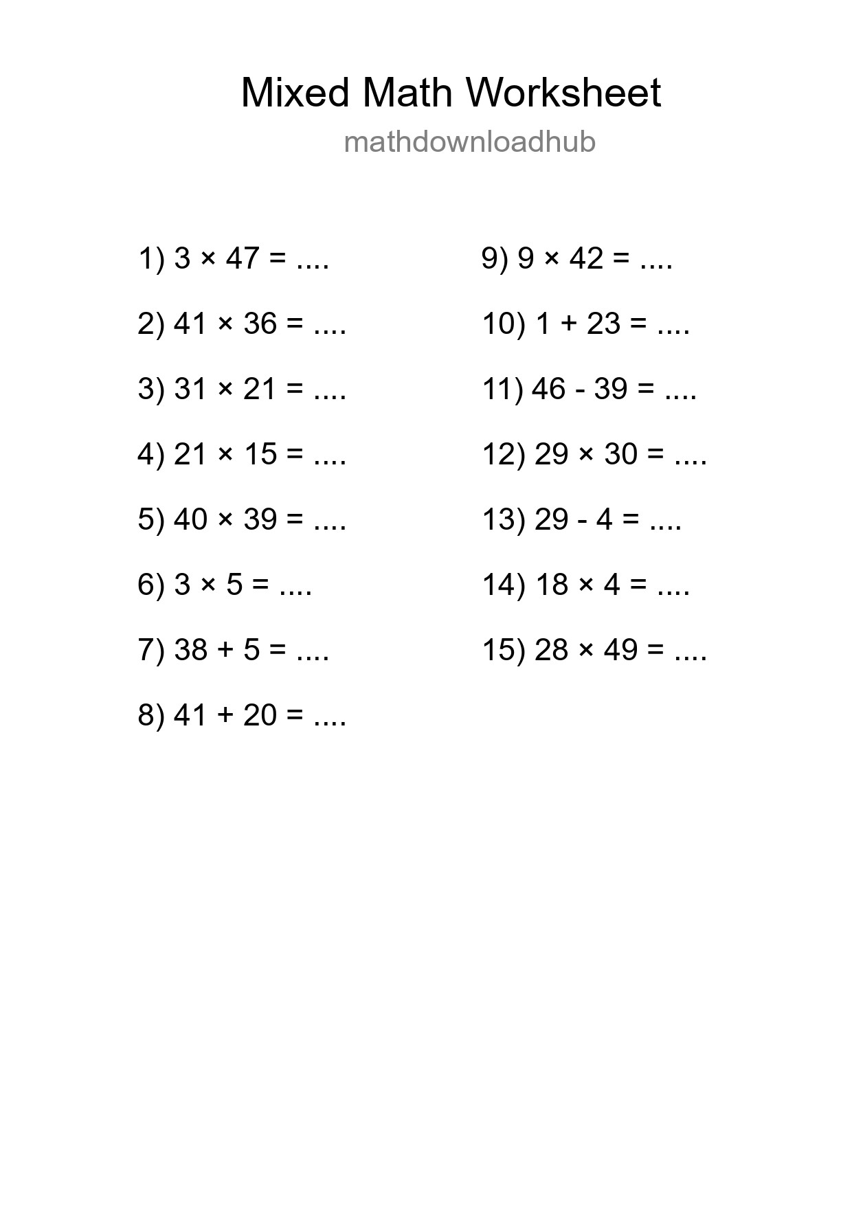 Mixed Operations Math Worksheet