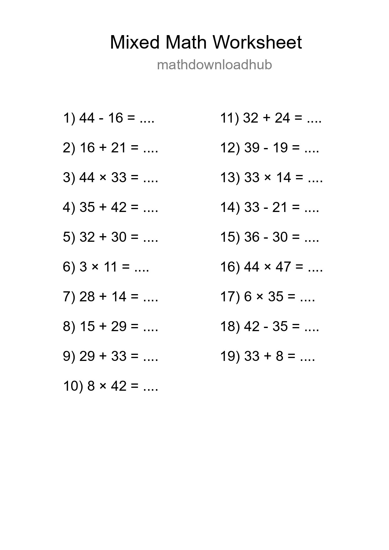 Mixed Operations Math Worksheet