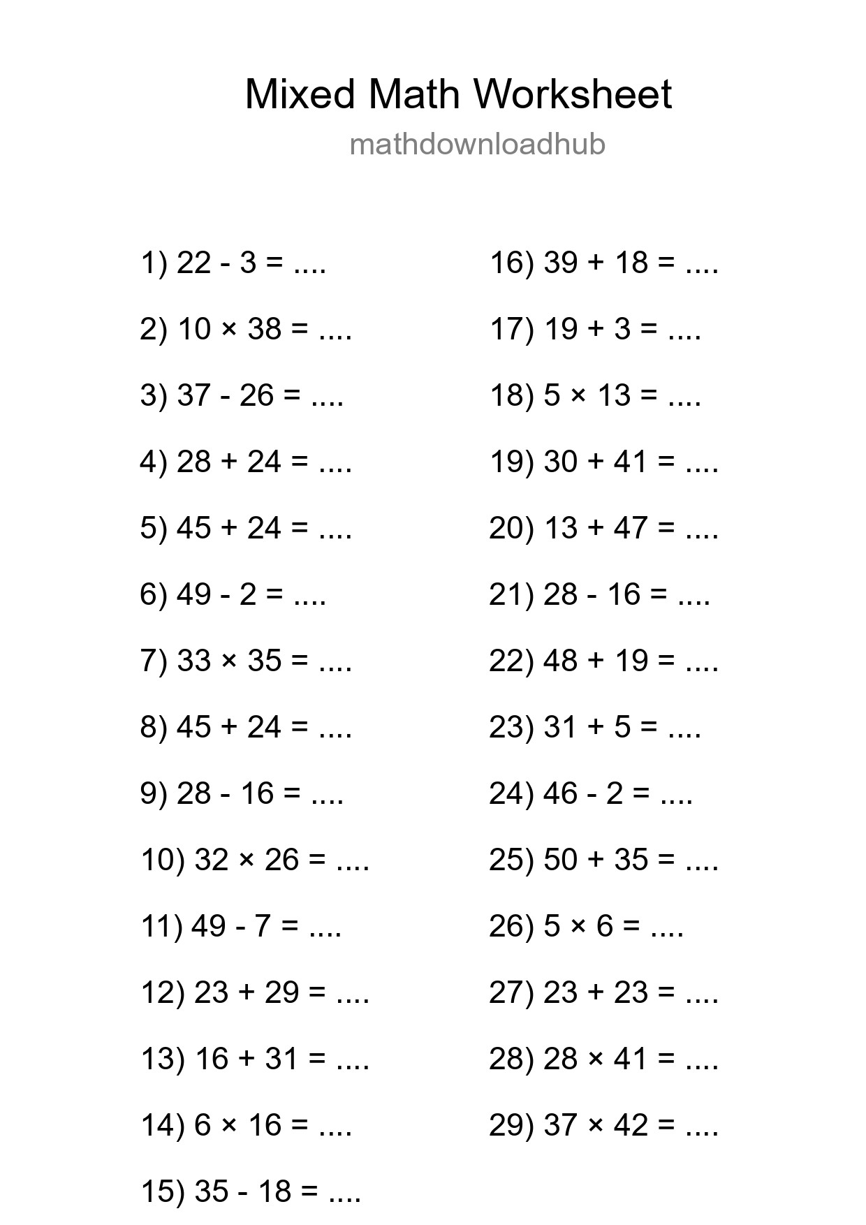 Mixed Operations Math Worksheet
