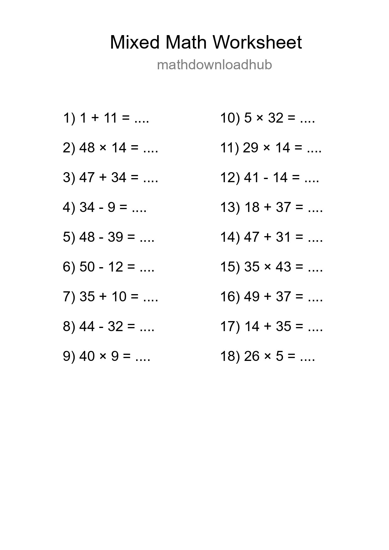 Mixed Operations Math Worksheet