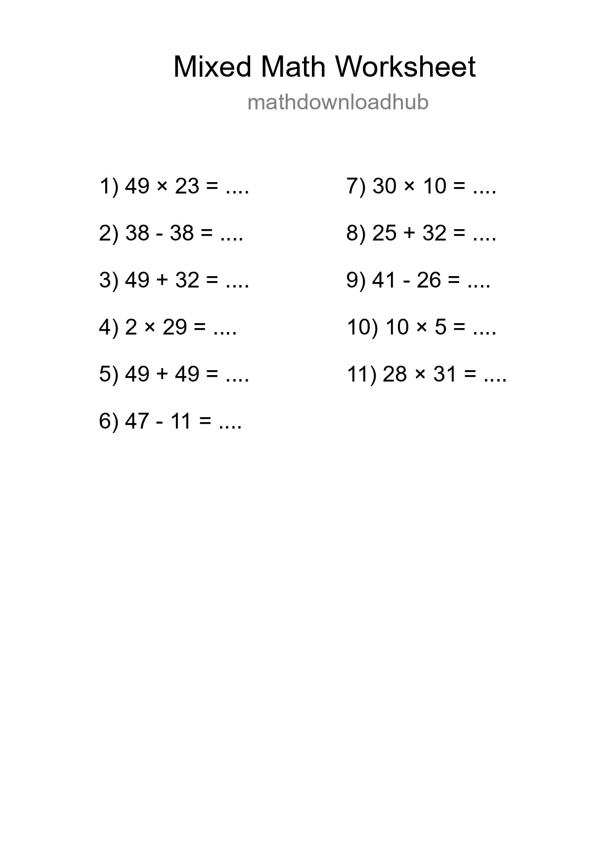 Mixed Operations Math Worksheet