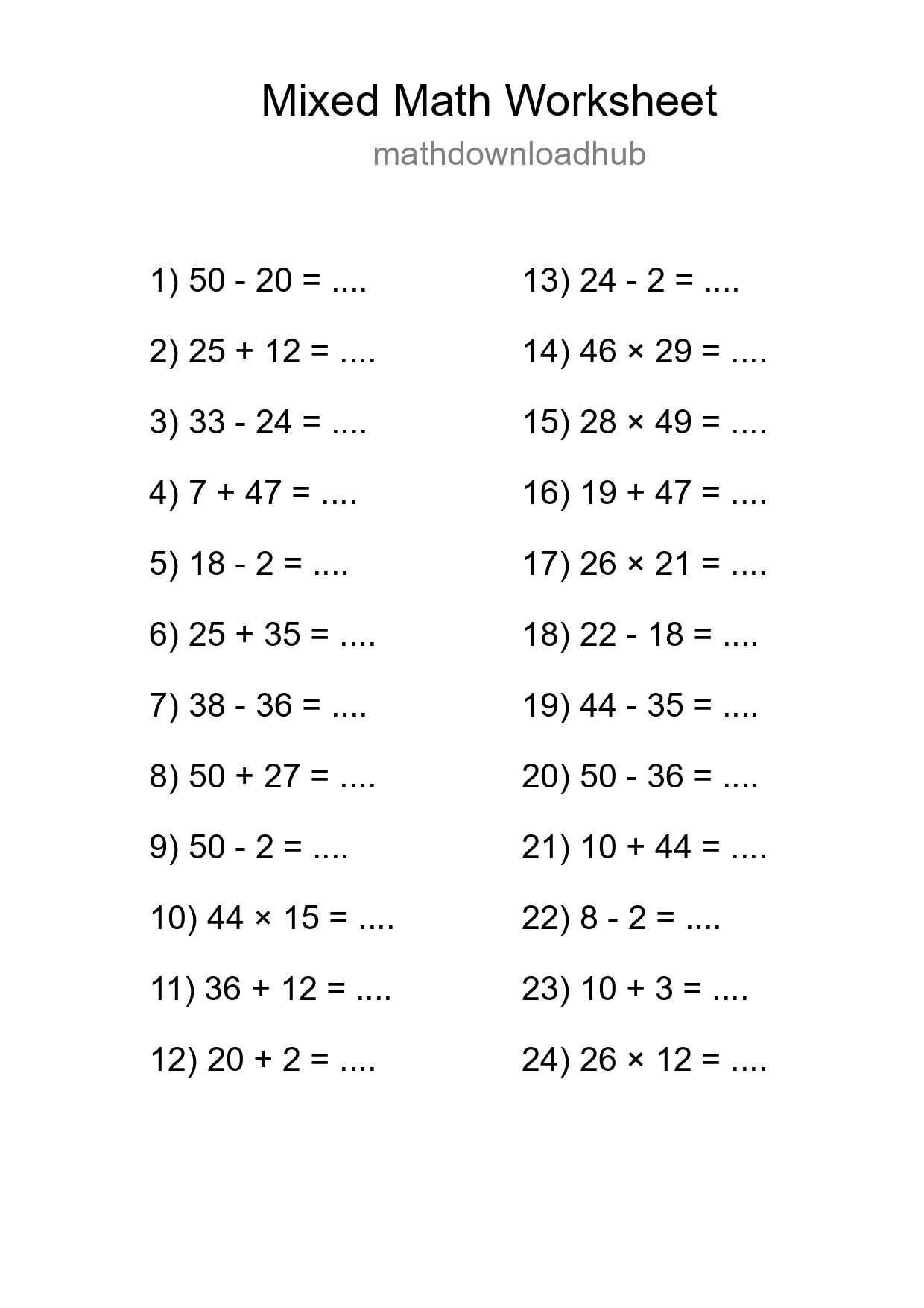 Mixed Operations Math Worksheet