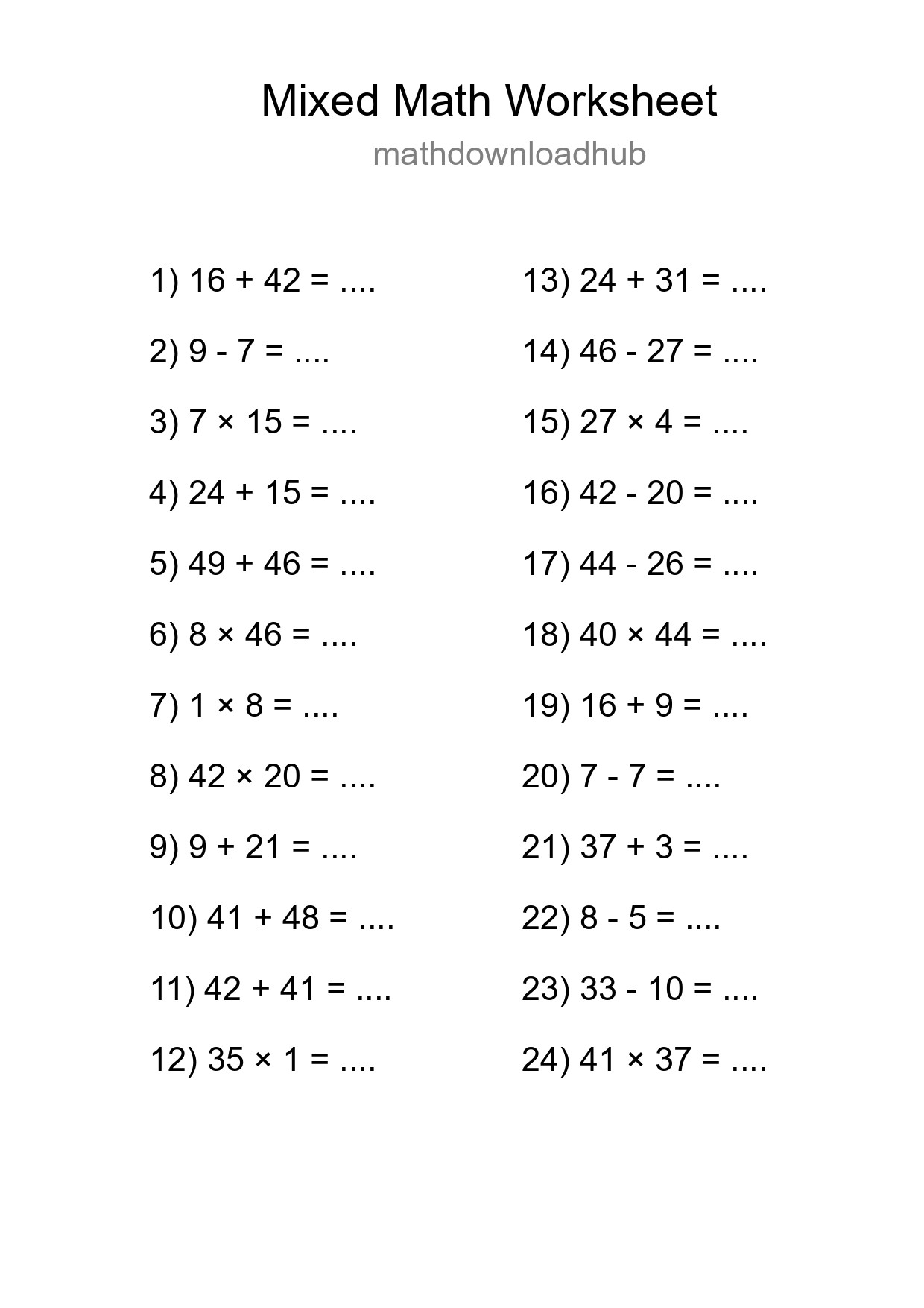 Mixed Operations Math Worksheet