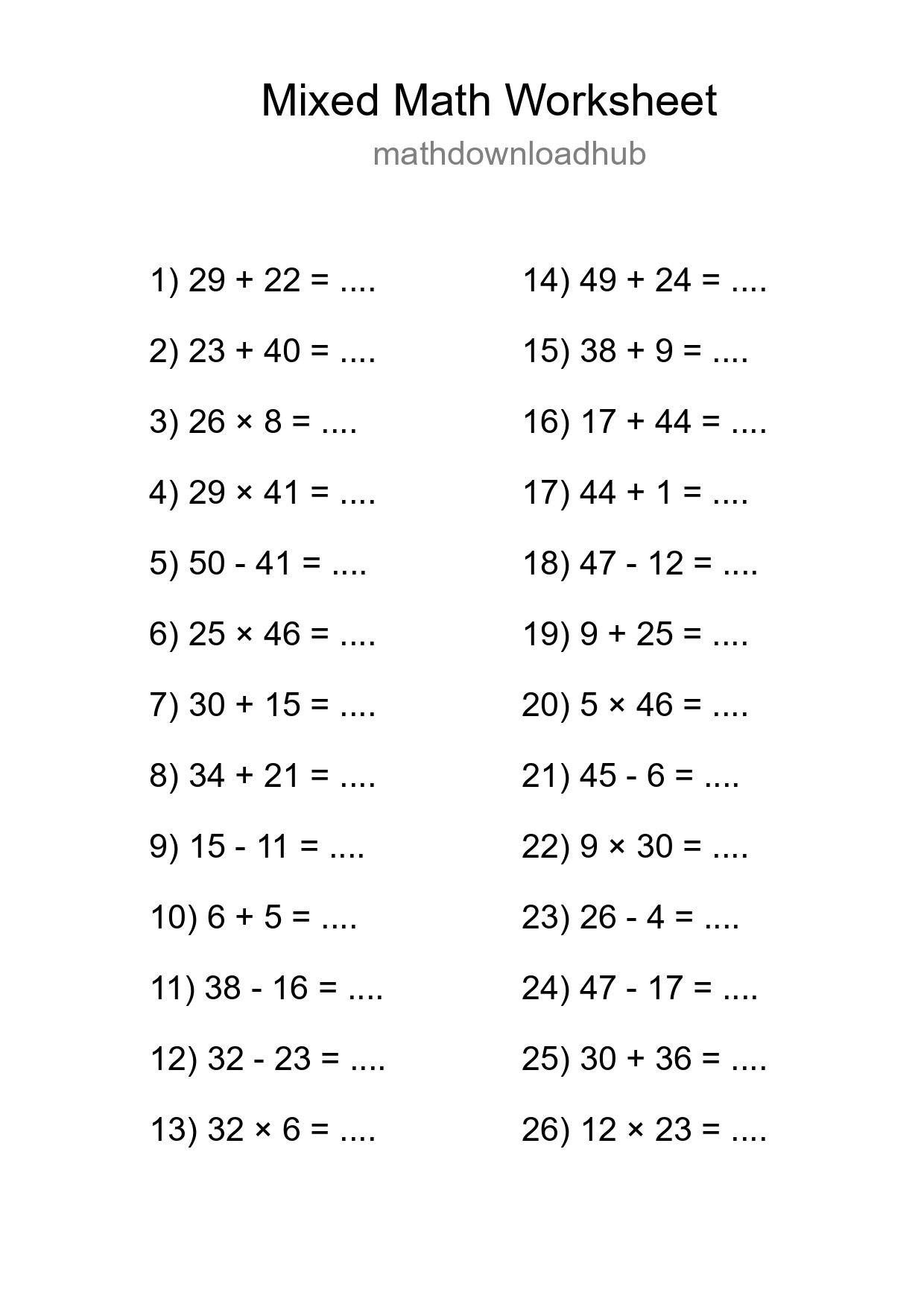 Mixed Operations Math Worksheet