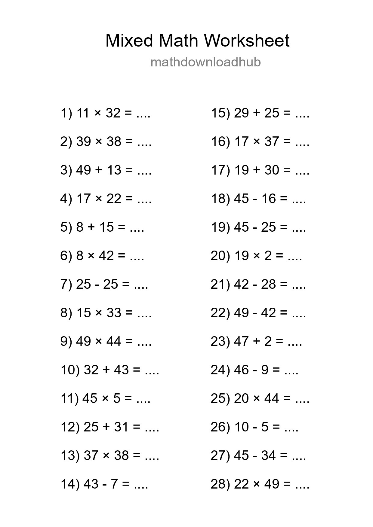 Mixed Operations Math Worksheet