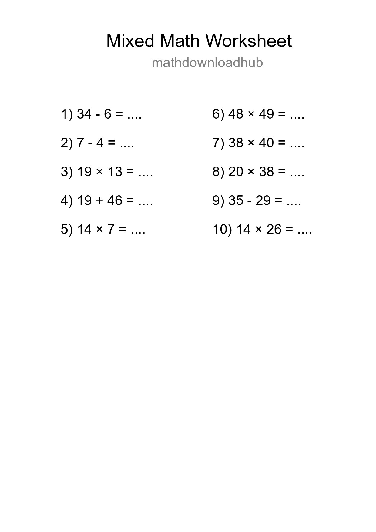 Mixed Operations Math Worksheet