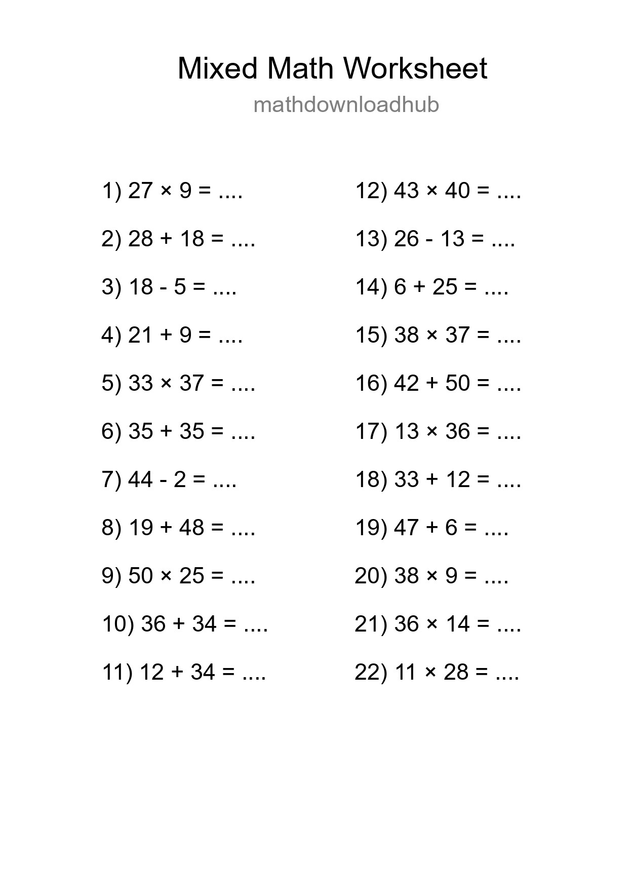 Mixed Operations Math Worksheet