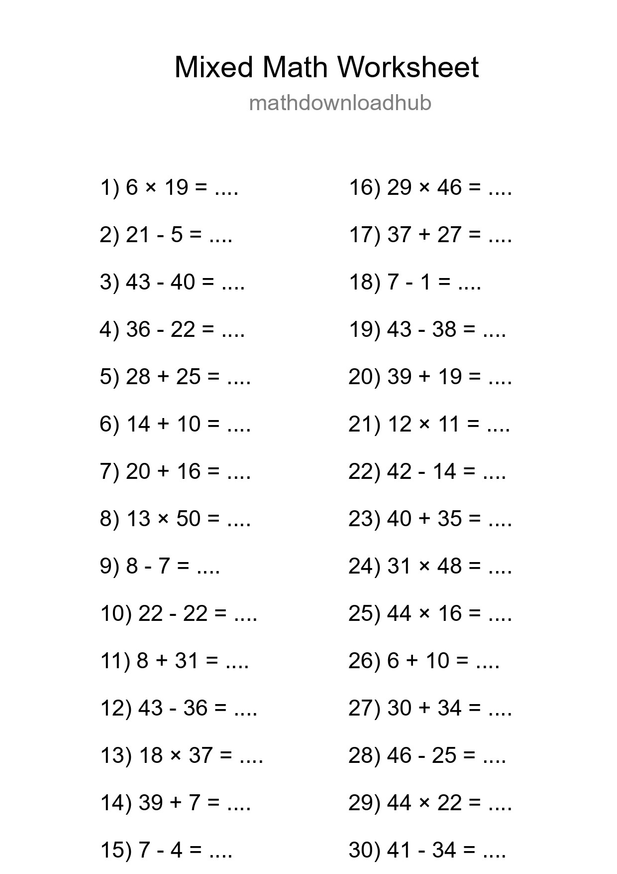 Mixed Operations Math Worksheet