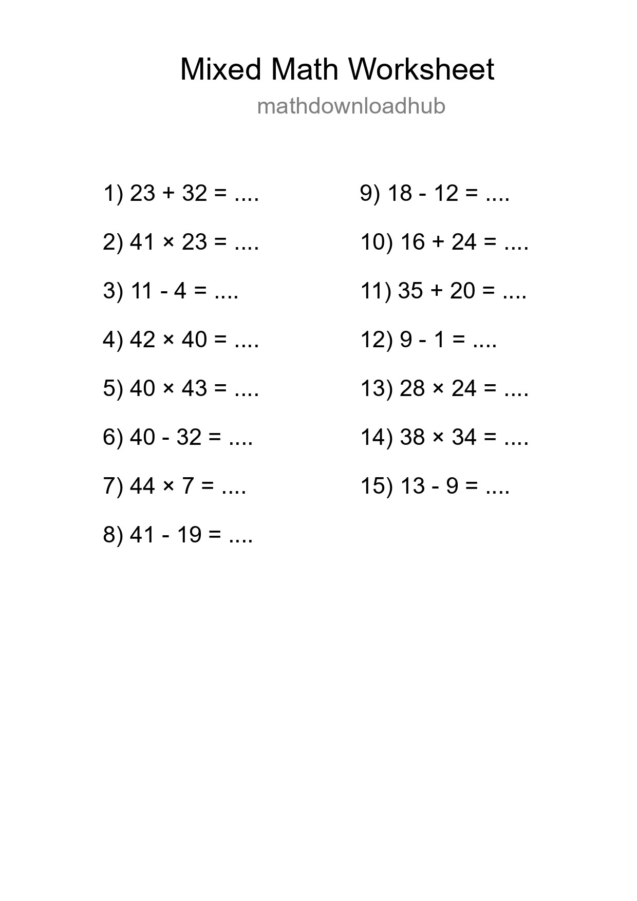 Mixed Operations Math Worksheet