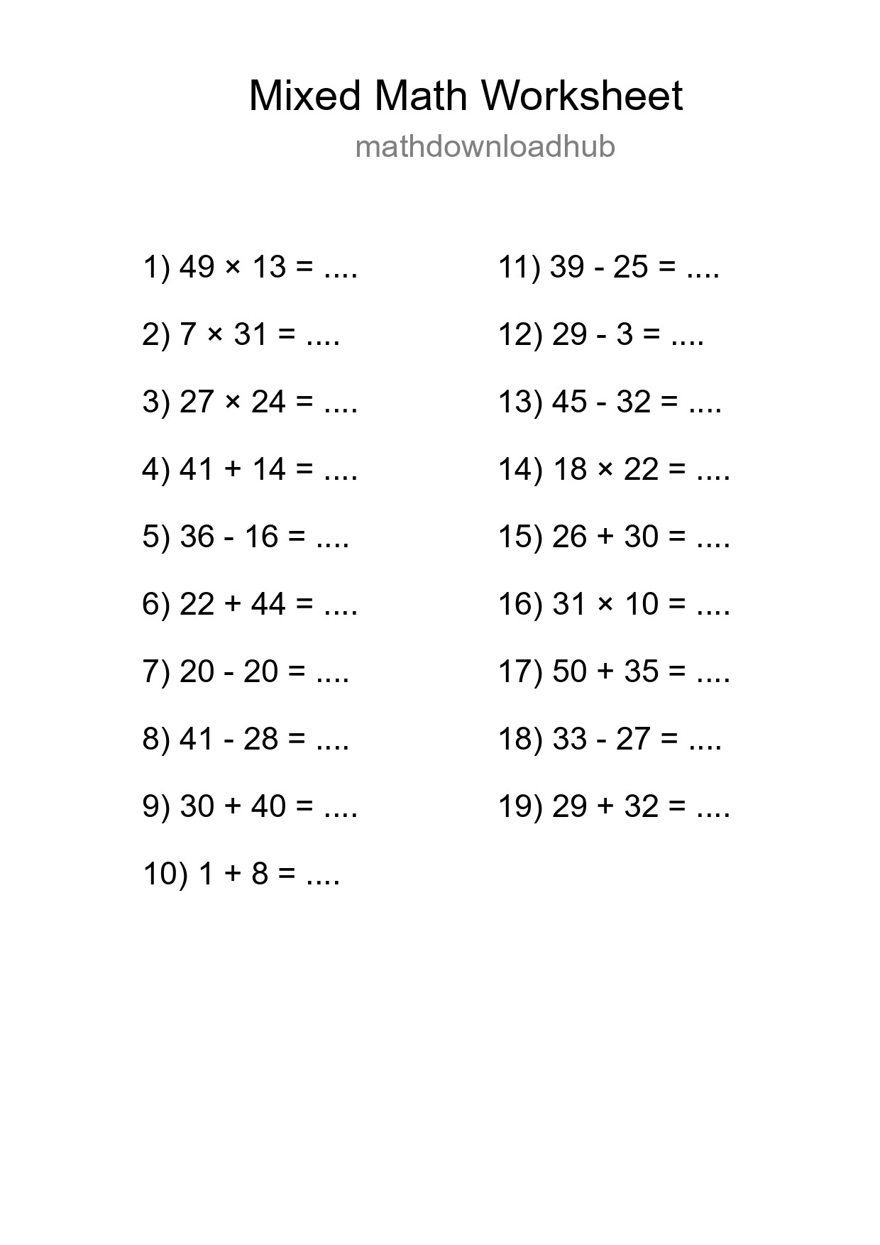 Mixed Operations Math Worksheet