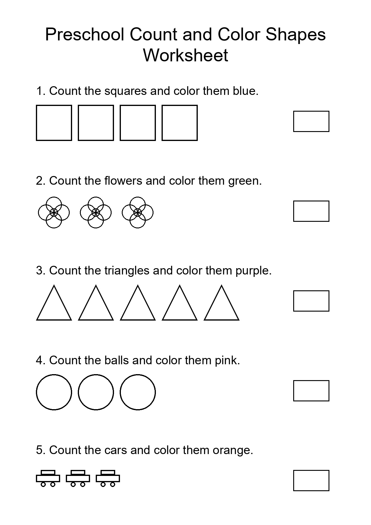 Preschool Count and Color Shapes Worksheet