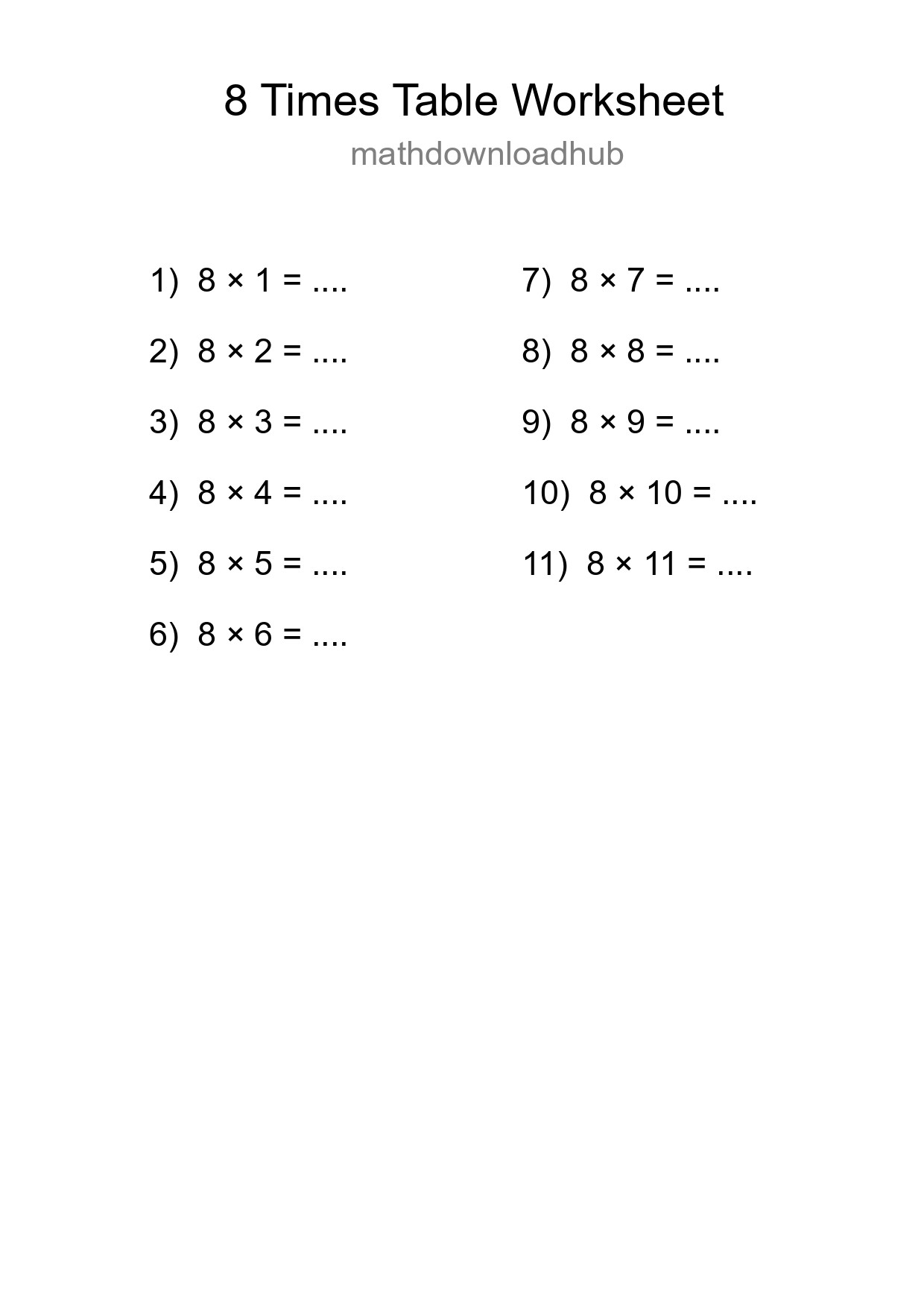 Printable 8 Times Table Worksheet For Grade 3 - Part 196