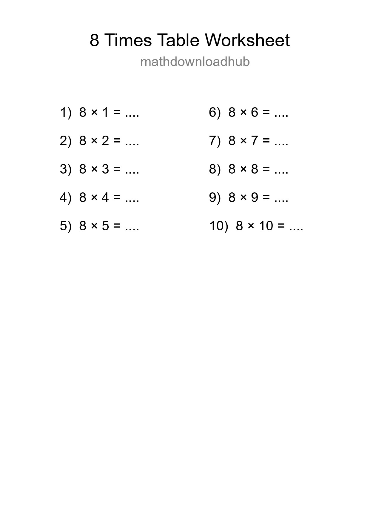 Printable 8 Times Table Worksheet For Grade 3 - Part 251