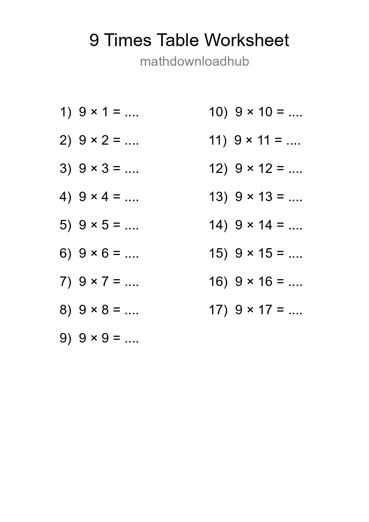 Printable 9 Times Table Worksheet For Grade 3 - Part 108