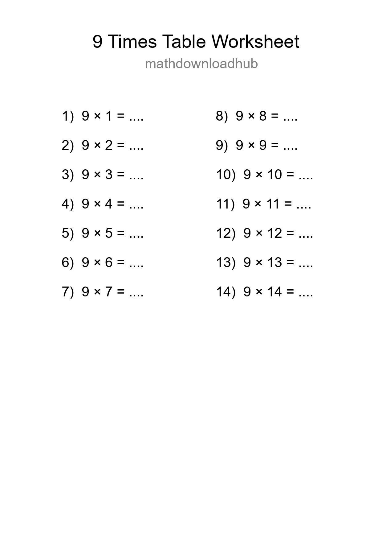 Printable 9 Times Table Worksheet For Grade 3 - Part 163
