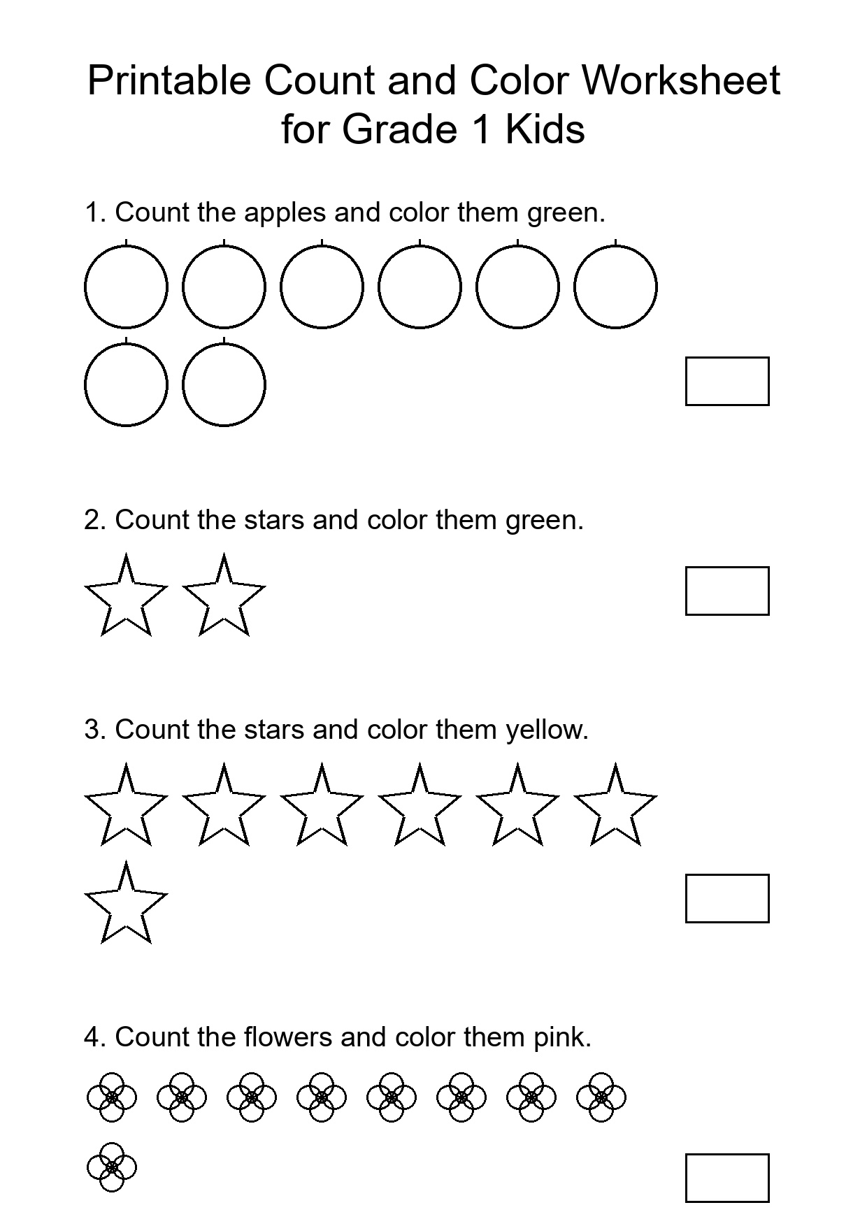 Printable Count and Color Worksheet for Grade 1 Kids