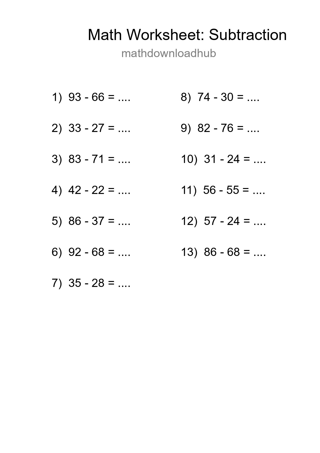 Printable Free 13 Subtraction Math Worksheet For Grade 3 - Part 173