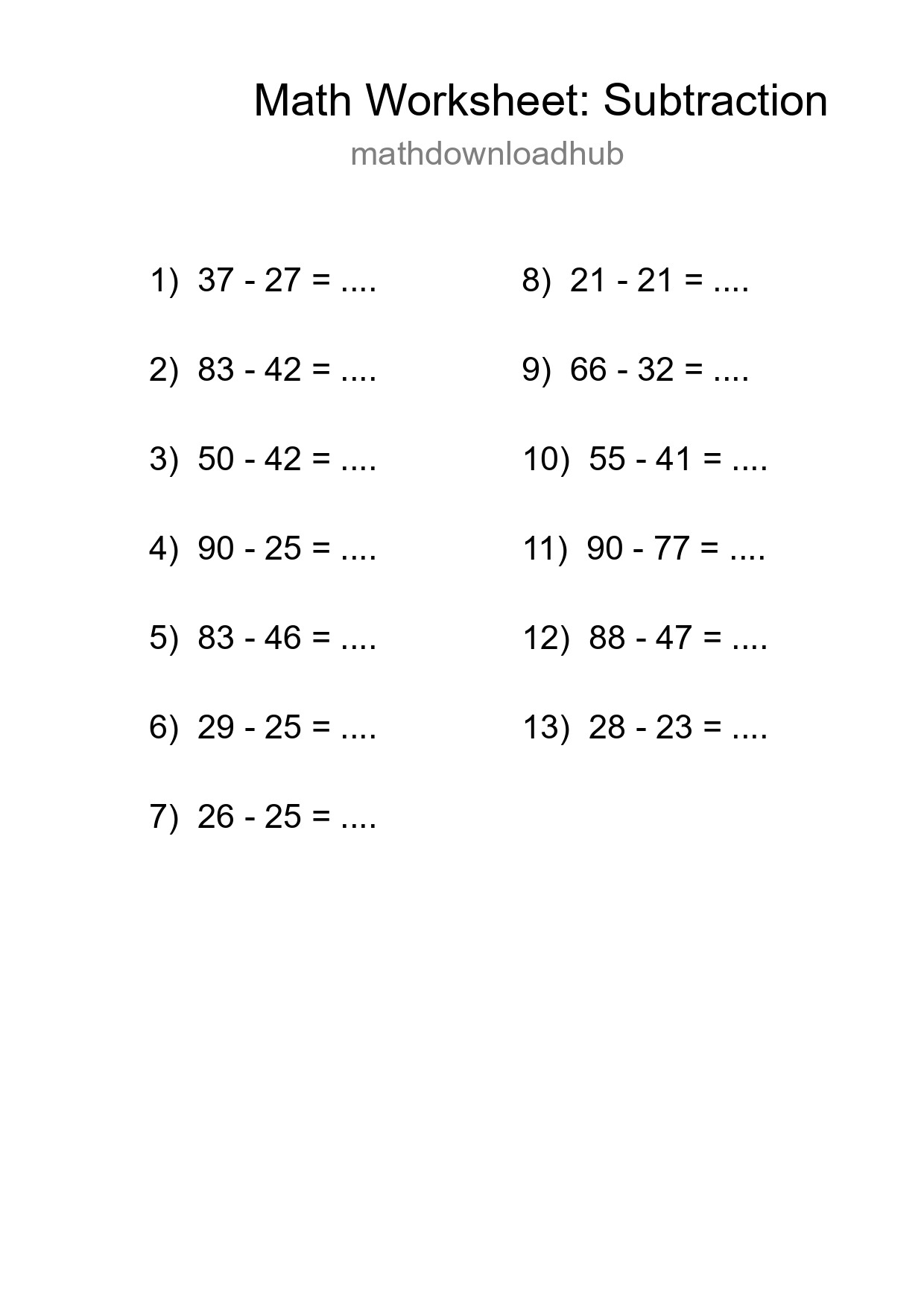 Printable Free 13 Subtraction Math Worksheet For Grade 3 - Part 206