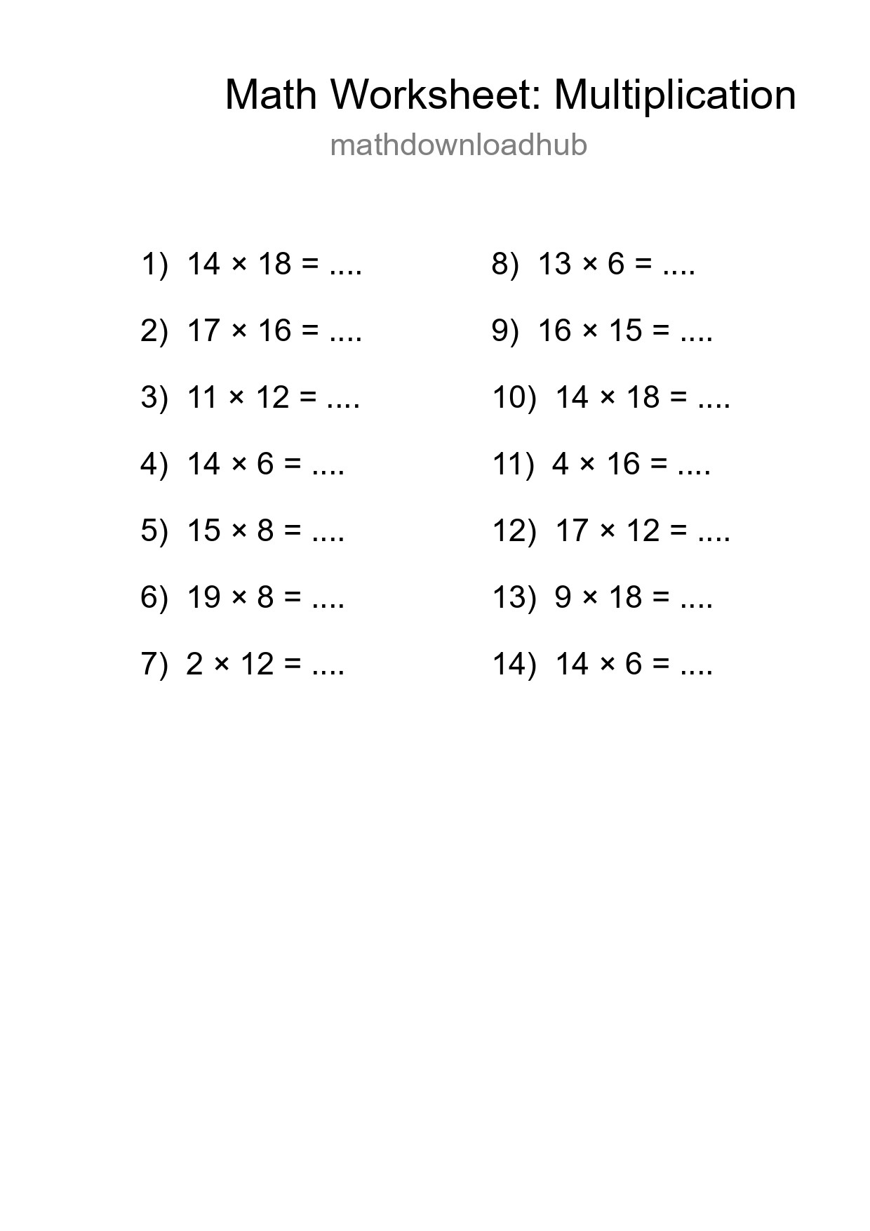 Printable Free 14 Multiplication Math Worksheet For Grade 2 - Part 84