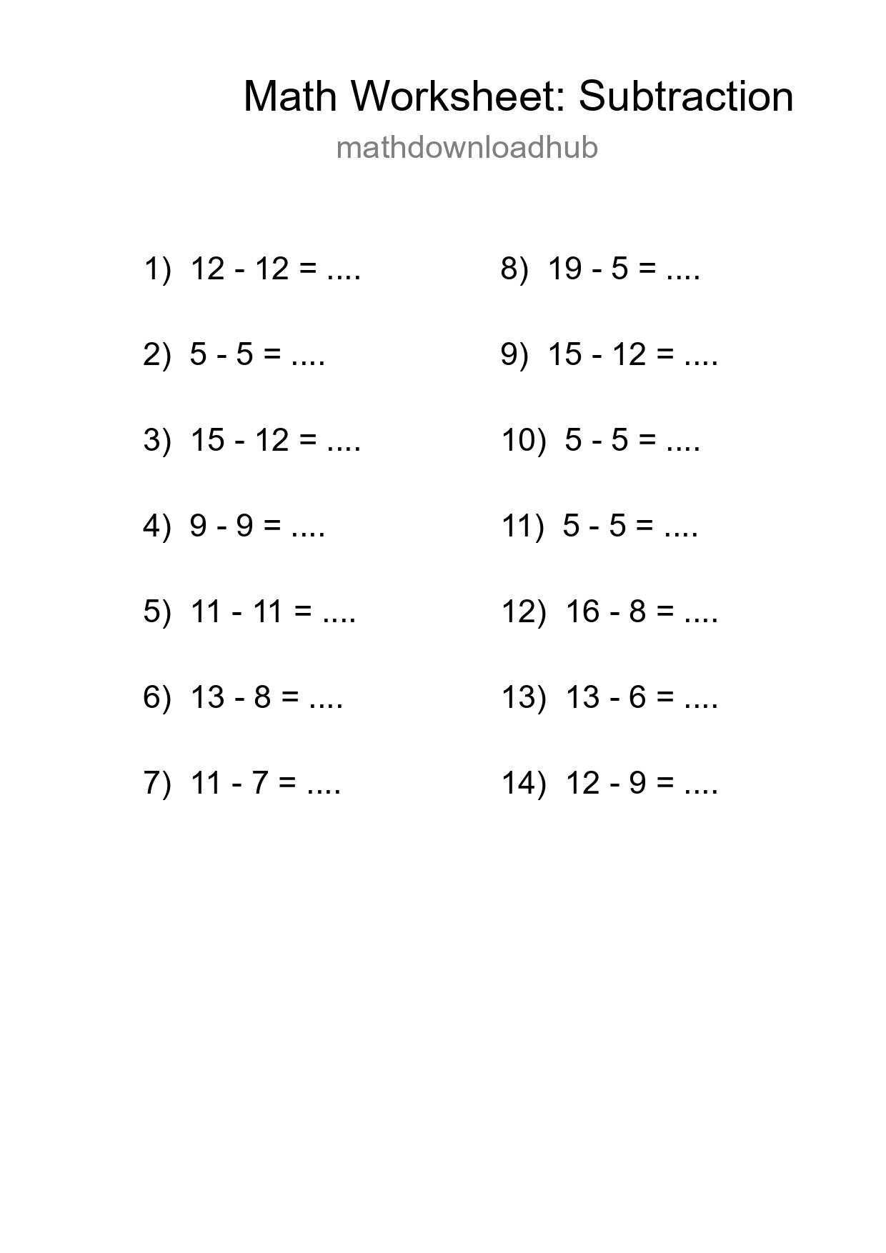 Printable Free 14 Subtraction Math Worksheet For Grade 2 - Part 283