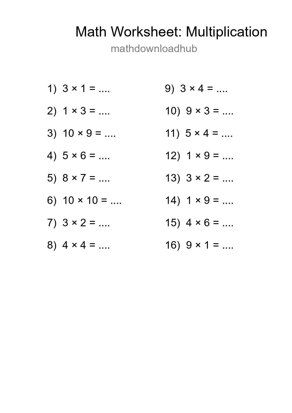 Printable Free 16 Multiplication Math Worksheet For Grade 1 - Part 194